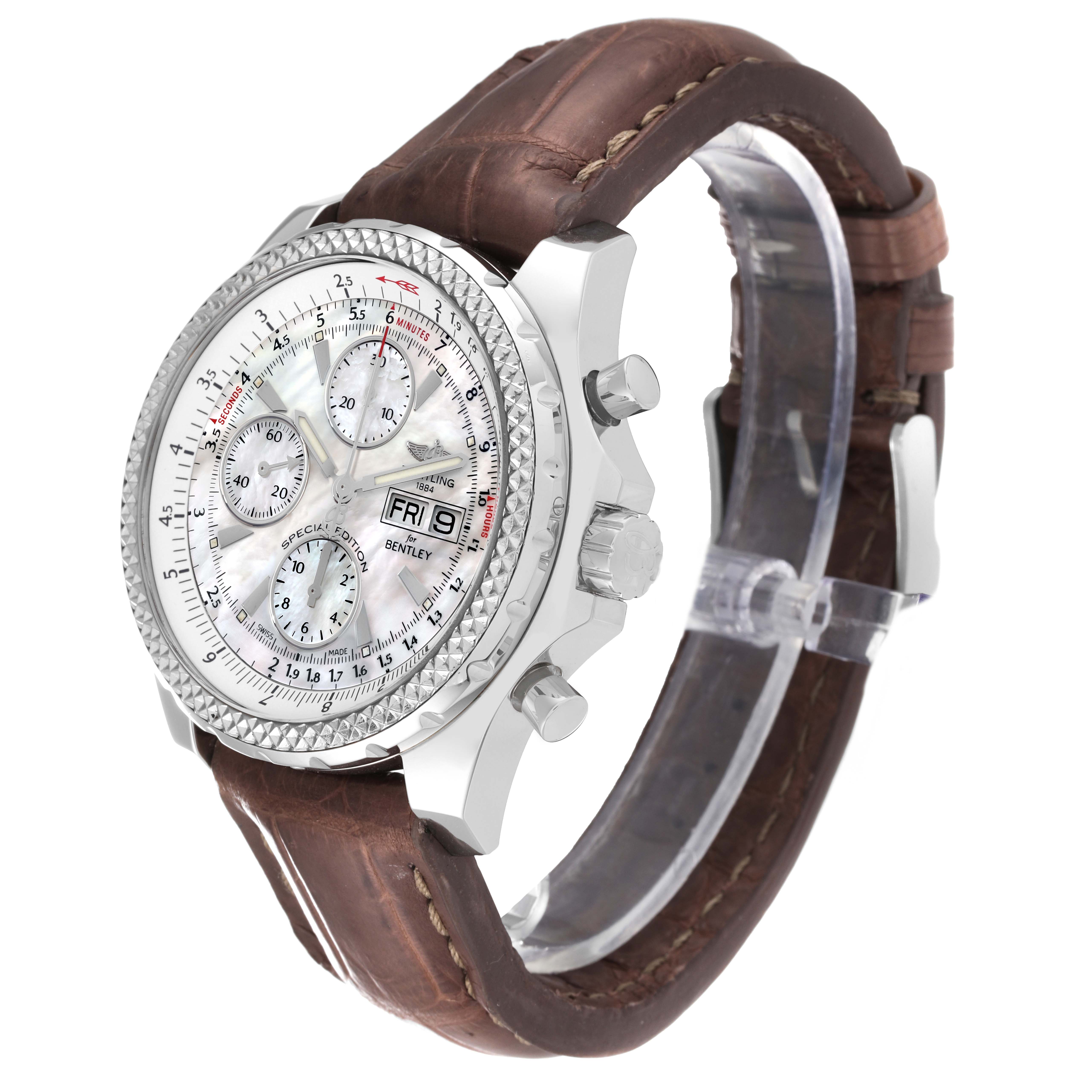 The Bentley model by Breitling is shown at a three-quarter angle, highlighting the face, bezel, crown, pushers, and leather strap.