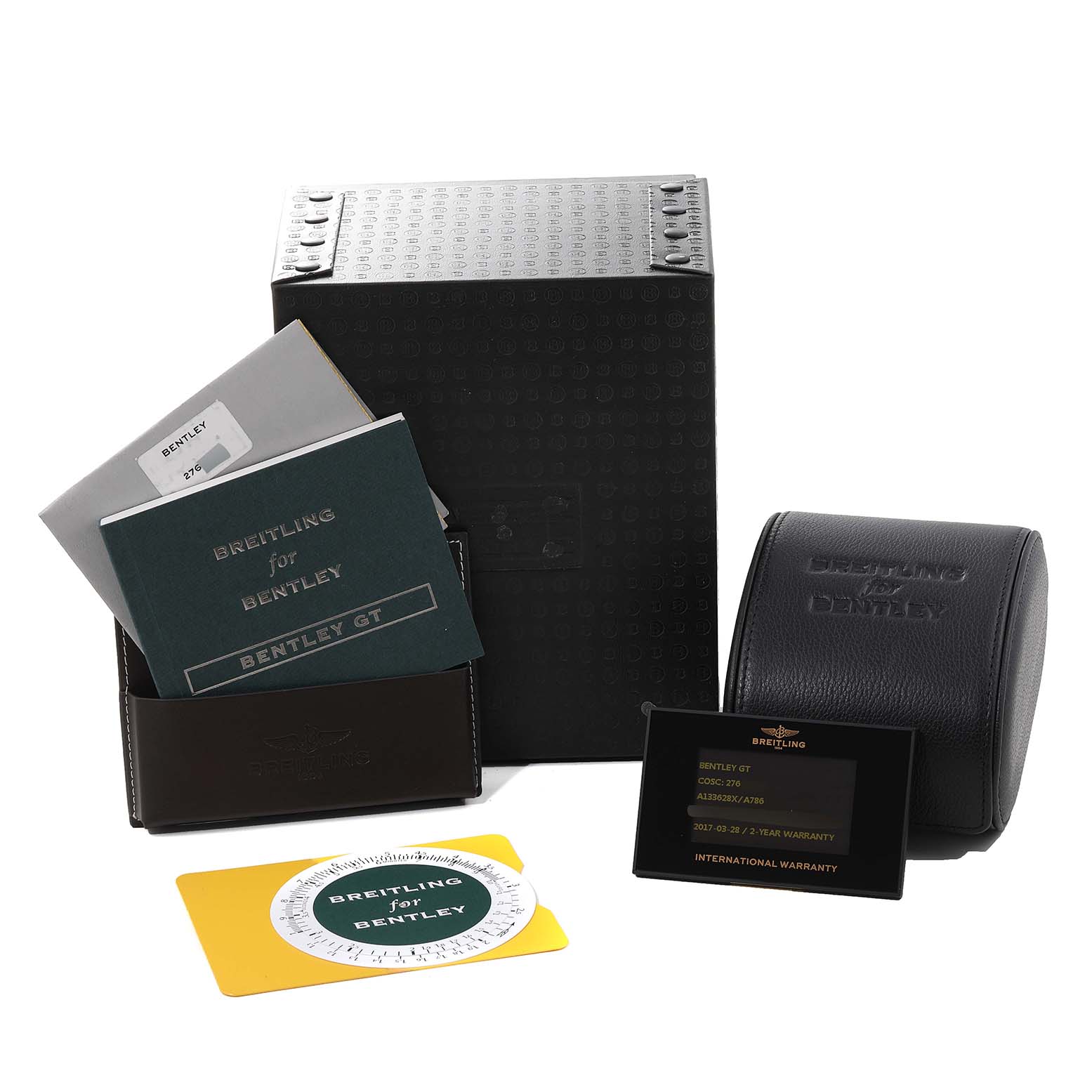 The image shows the Breitling Bentley A13362 Men's Stainless Steel Mother of Pearl Dial A13362 Men's Stainless Steel Mother of Pearl Dial model's packaging and accessories including manuals, warranty card, and a leather case.