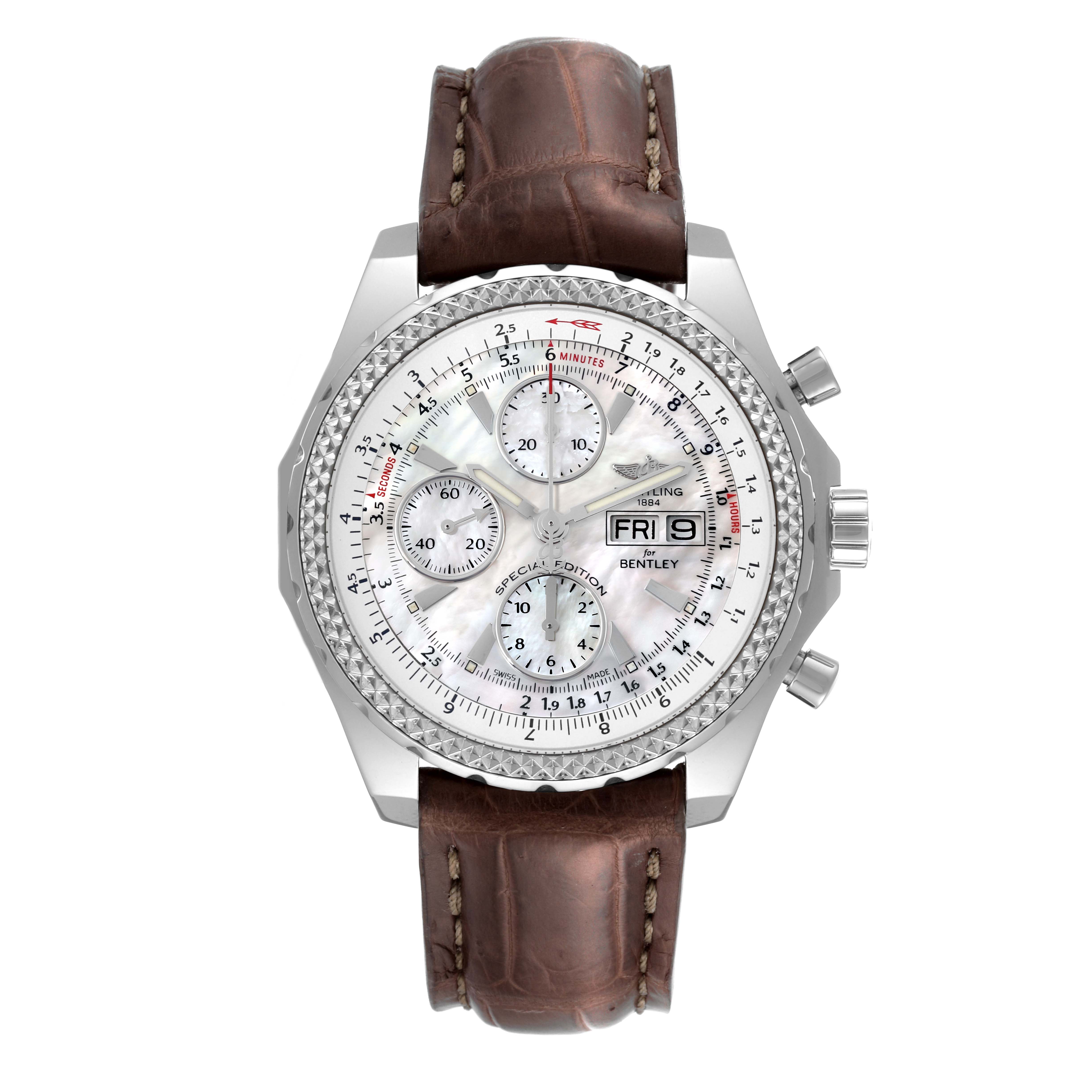 The image shows a front view of a Breitling Bentley A13362 Men's Stainless Steel Mother of Pearl Dial A13362 Men's Stainless Steel Mother of Pearl Dial watch, displaying its dial, leather strap, and side buttons.