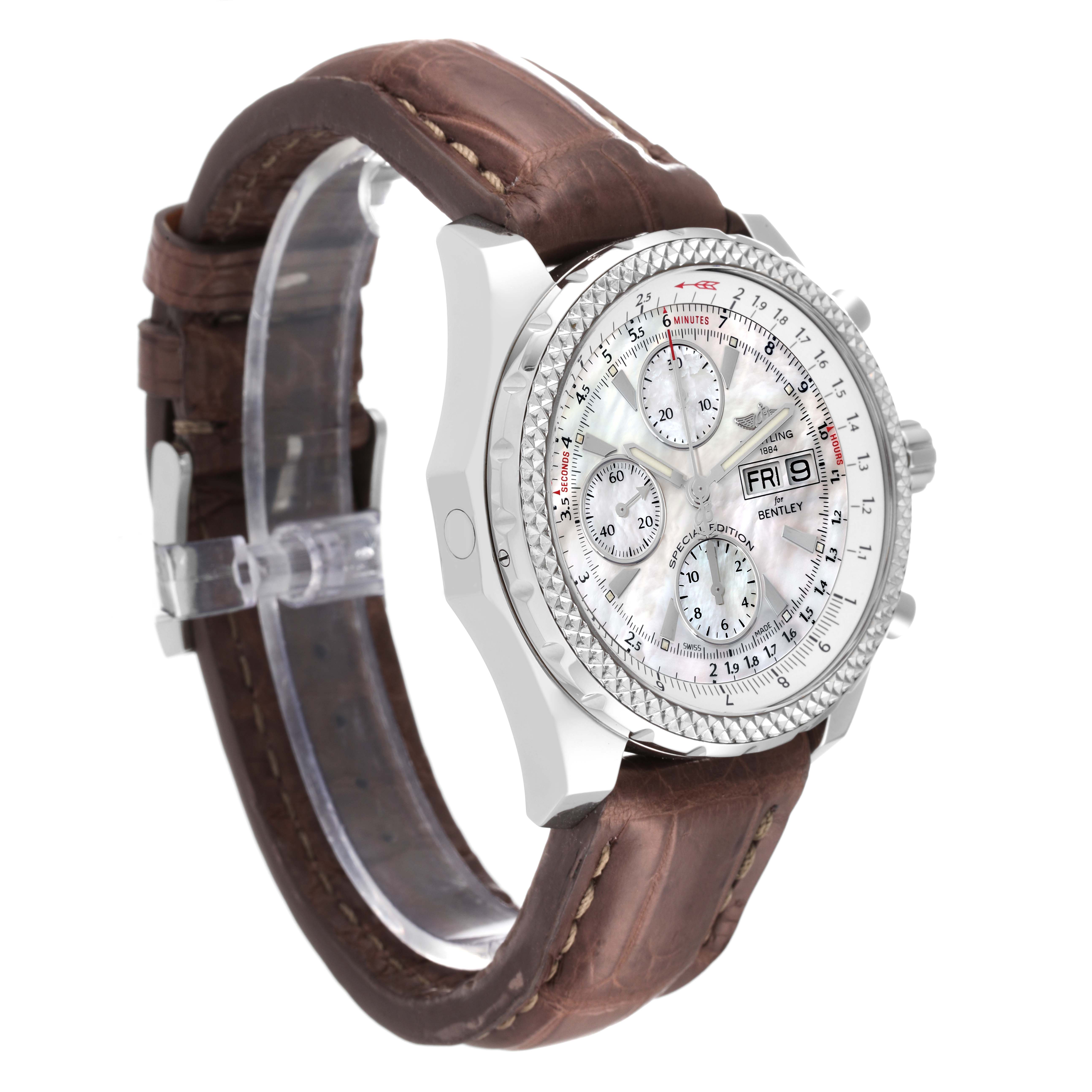The Breitling Bentley A13362 Men's Stainless Steel Mother of Pearl Dial A13362 Men's Stainless Steel Mother of Pearl Dial watch is shown at a slight side angle, highlighting the face, bezel, crown, and leather strap.