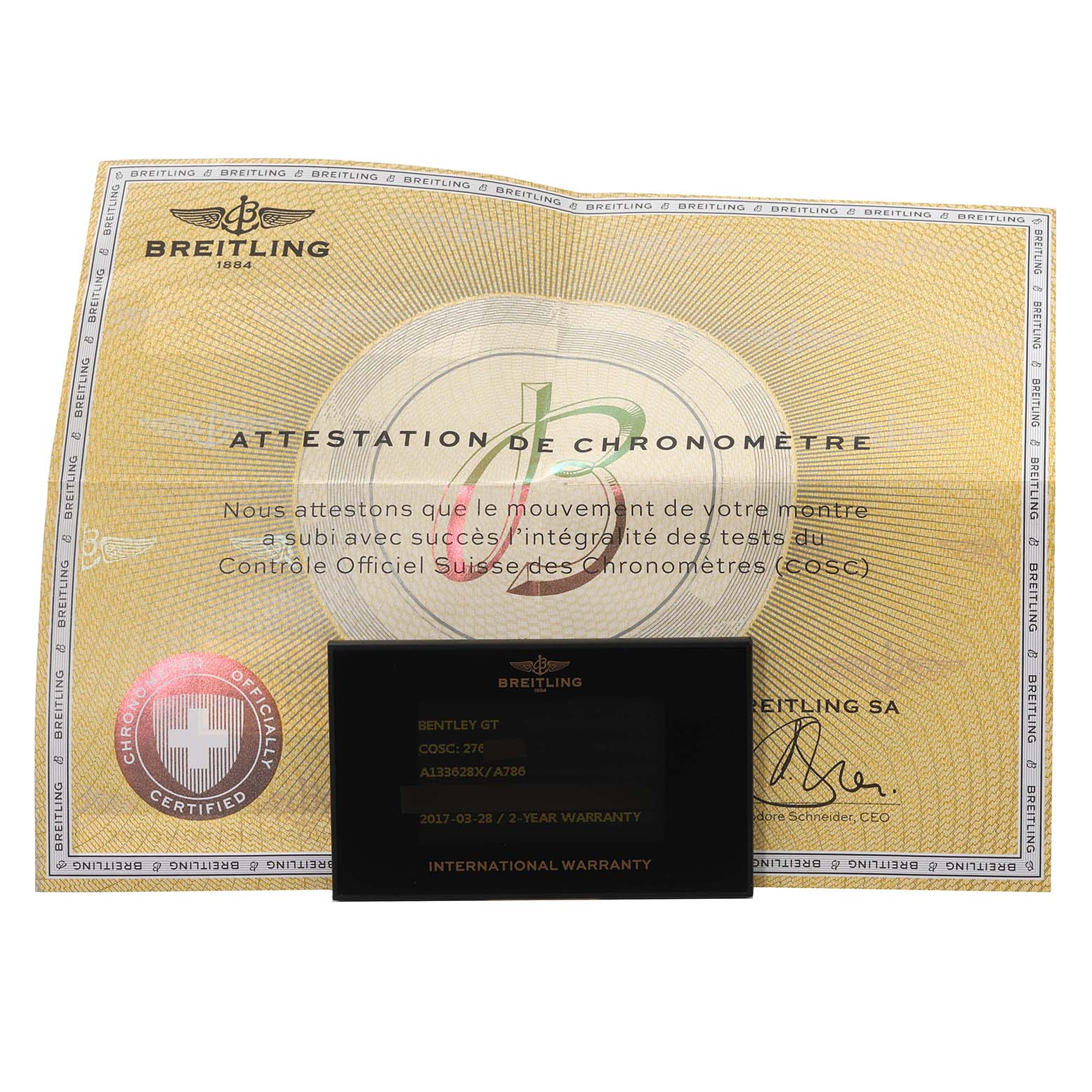 The image shows the certification and warranty card for a Breitling Bentley A13362 Men's Stainless Steel Mother of Pearl Dial A13362 Men's Stainless Steel Mother of Pearl Dial GT watch.