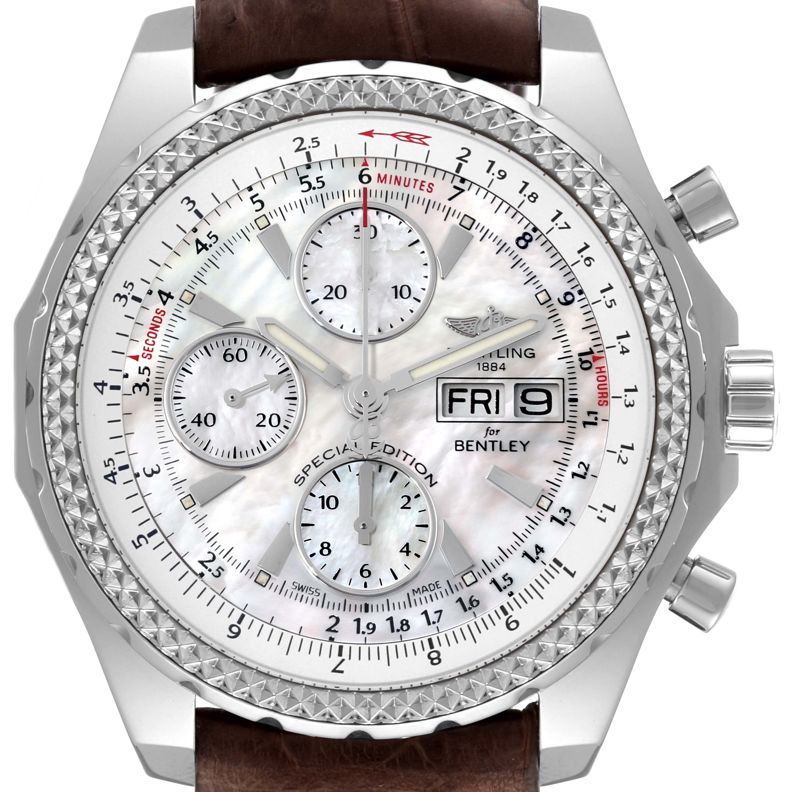 The image shows a front view of the Breitling Bentley A13362 Men's Stainless Steel Mother of Pearl Dial A13362 Men's Stainless Steel Mother of Pearl Dial watch, displaying the dial, bezel, subdials, day-date display, and crown.