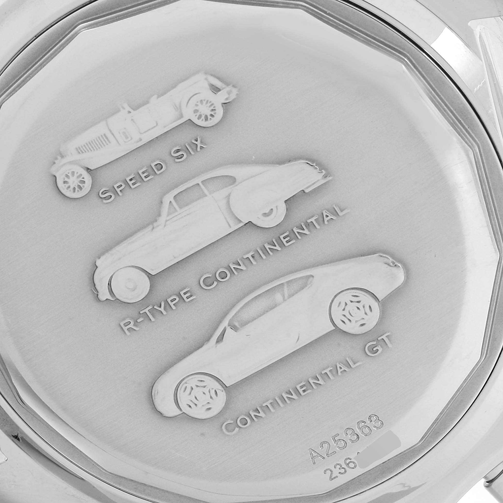 The image shows the back case of a Bentley model watch by Breitling with engraved car designs.