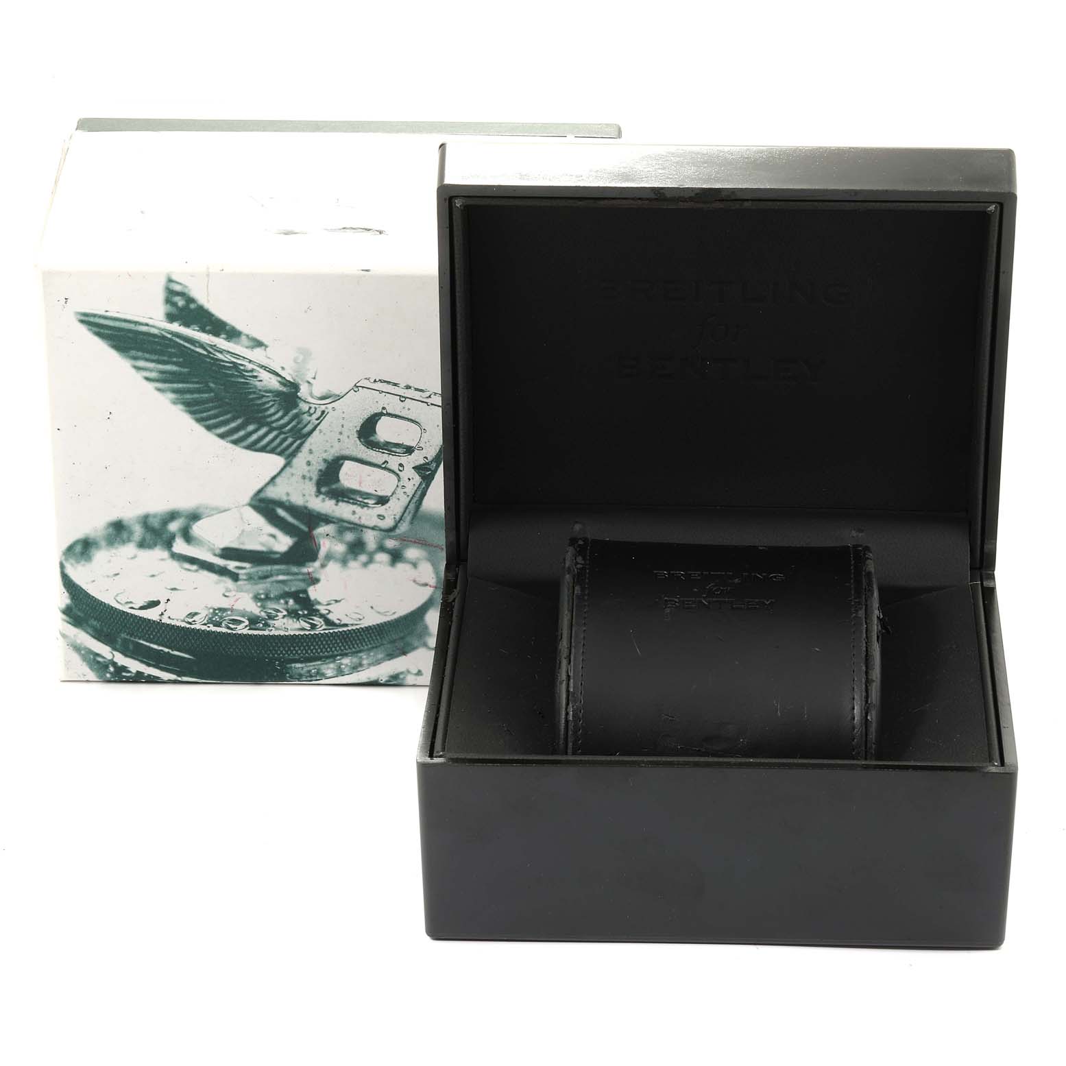 The image shows a Breitling Bentley A25363 Men's Stainless Steel Black Dial A25363 Men's Stainless Steel Black Dial watch box and packaging, including the interior, from a front angle.