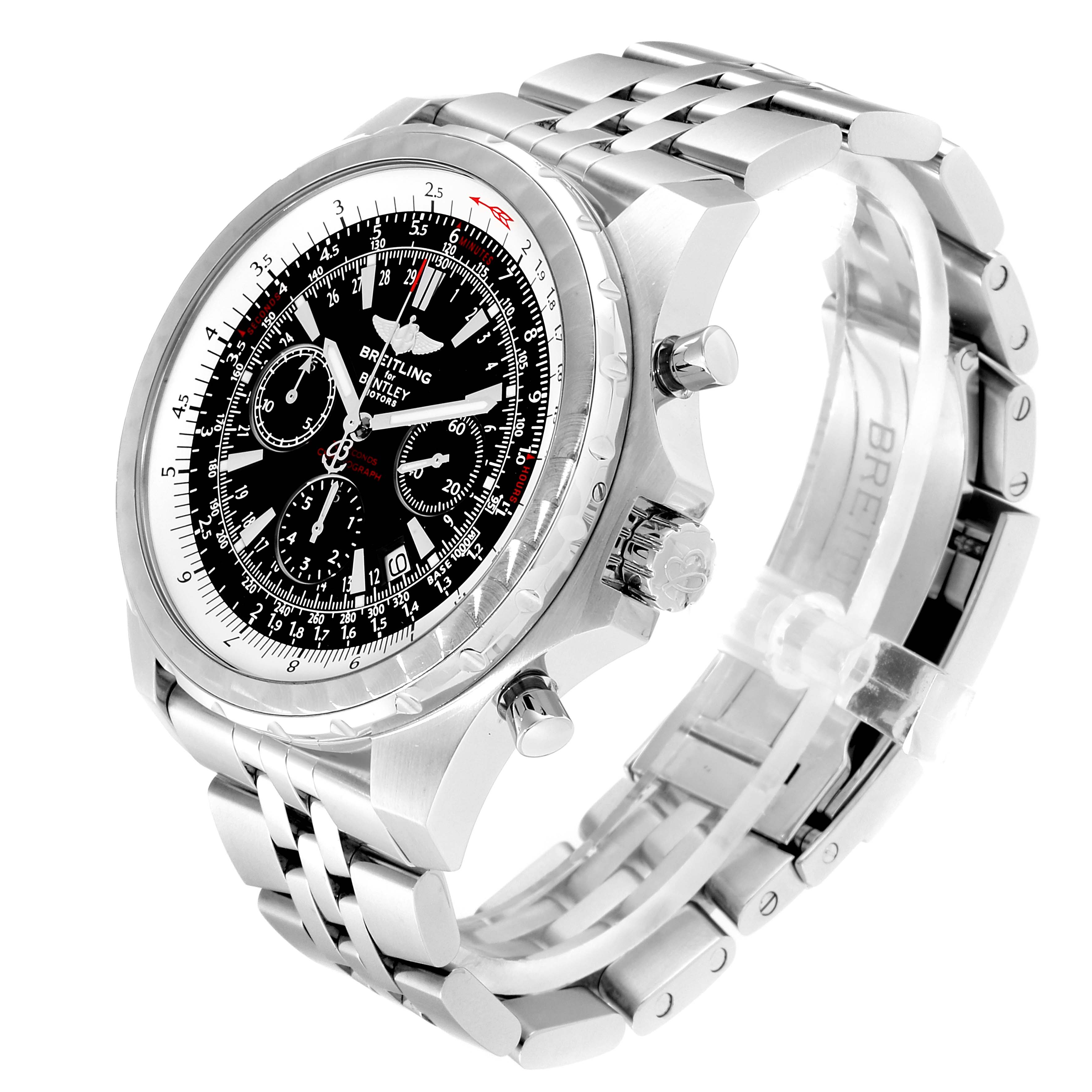 The image shows a Breitling Bentley A25363 Men's Stainless Steel Black Dial A25363 Men's Stainless Steel Black Dial watch at an angled view, highlighting its stainless steel bracelet and black dial with chronograph functions.