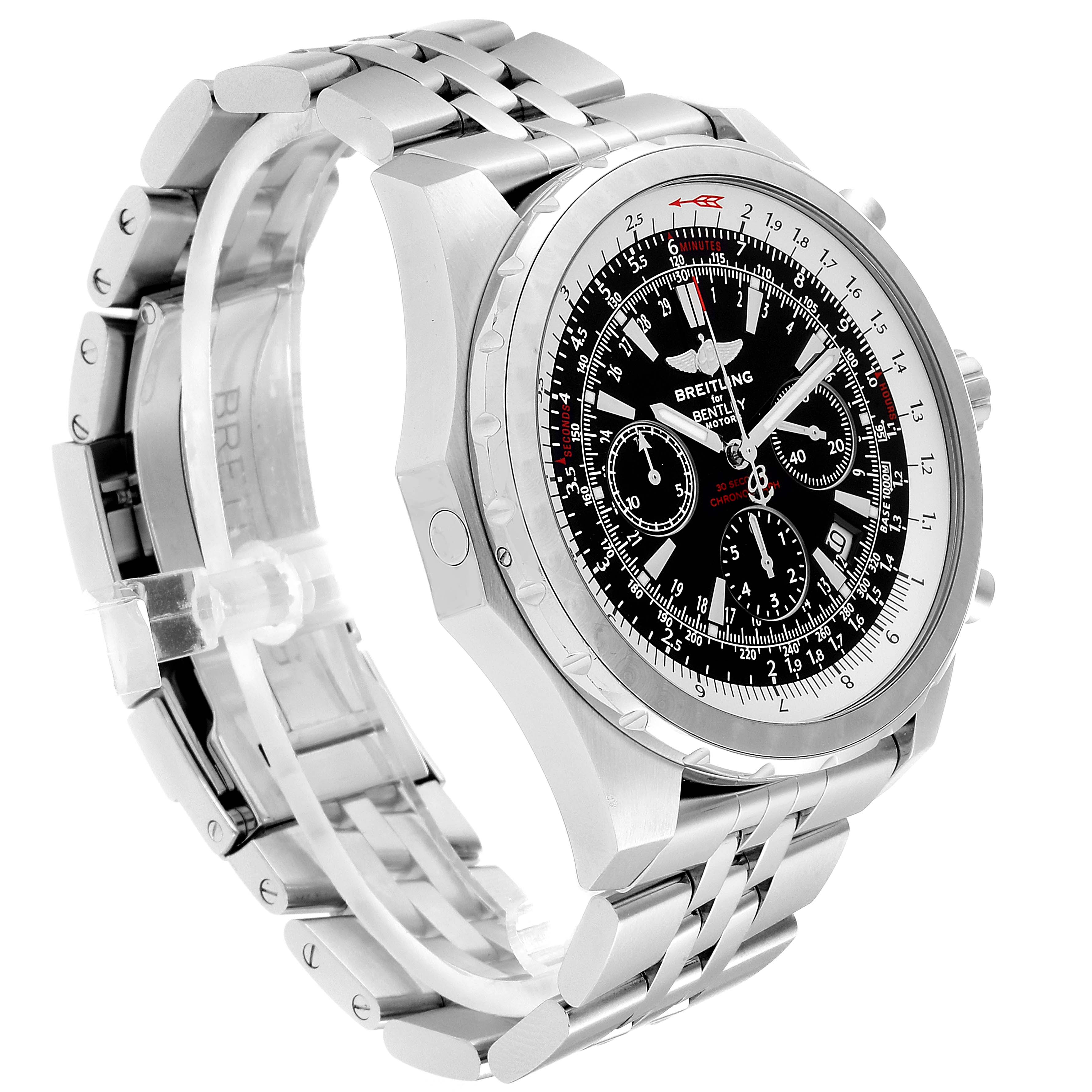 The image shows a Breitling Bentley A25363 Men's Stainless Steel Black Dial A25363 Men's Stainless Steel Black Dial watch from a three-quarter angle, highlighting the dial, bezel, and metal bracelet.