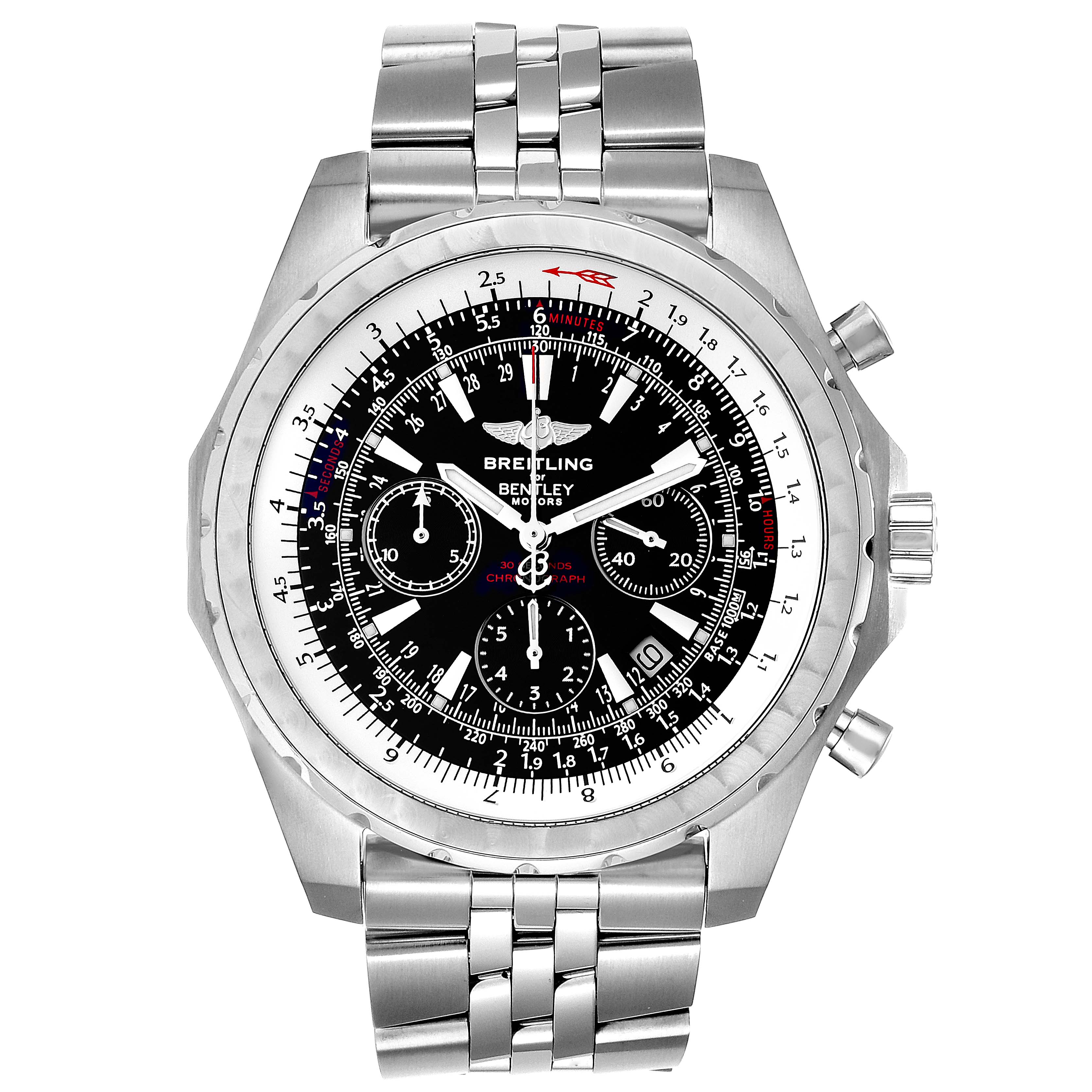 The image shows a frontal view of the Breitling Bentley A25363 Men's Stainless Steel Black Dial A25363 Men's Stainless Steel Black Dial model watch, highlighting its dial, bezel, buttons, and metal bracelet.