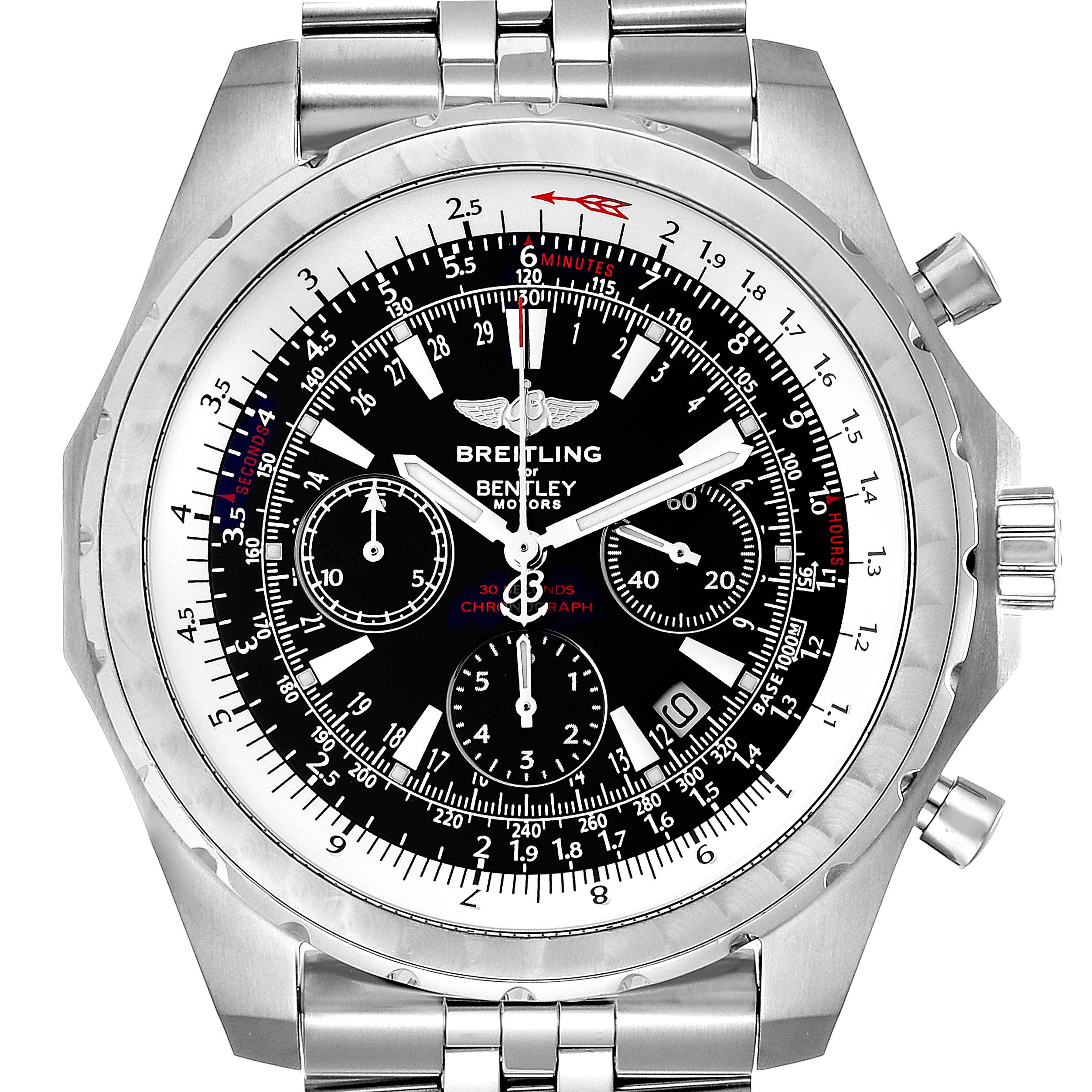 This image shows a front view of a Breitling Bentley A25363 Men's Stainless Steel Black Dial A25363 Men's Stainless Steel Black Dial model watch, highlighting the dial, bezel, and part of the bracelet.