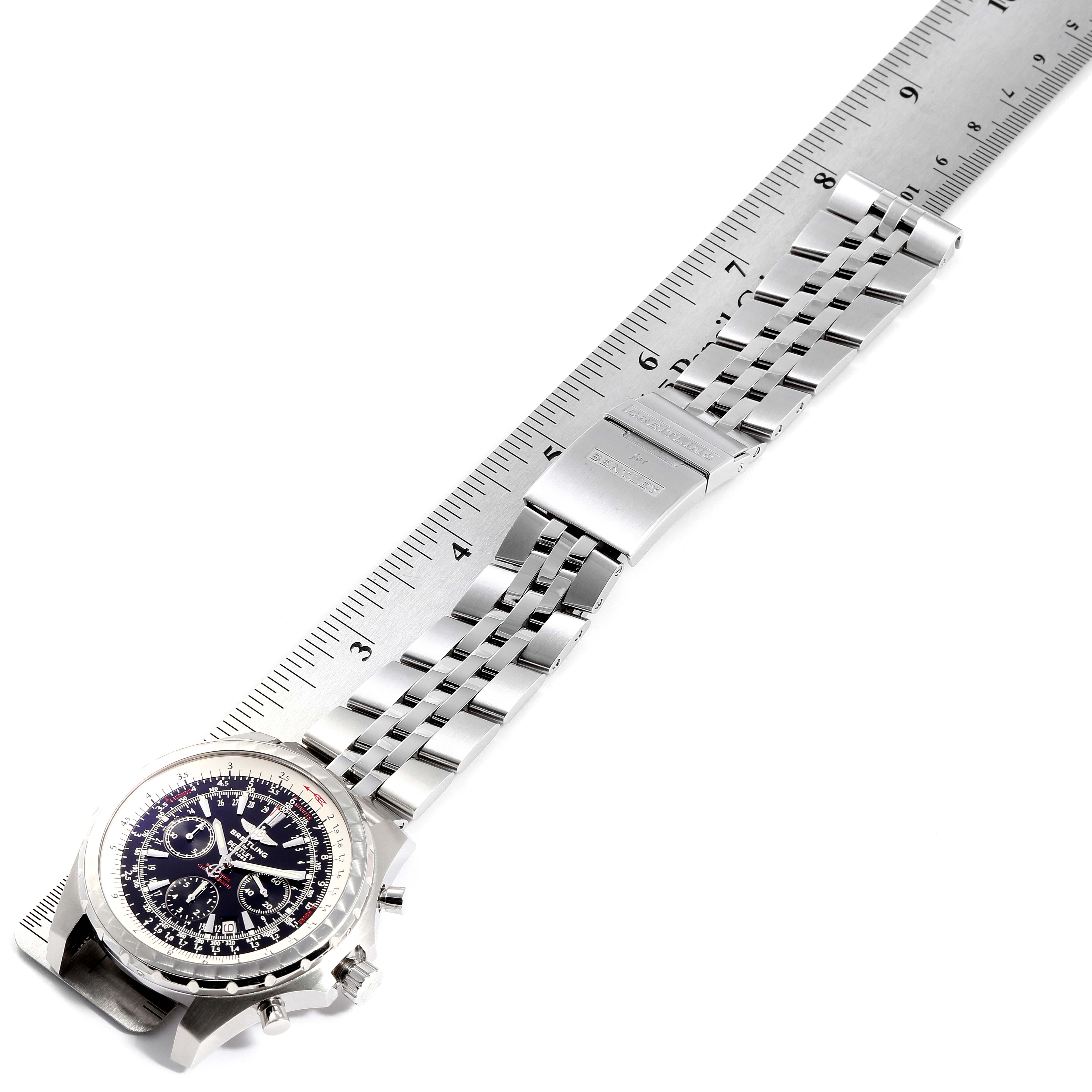 The image shows a Breitling Bentley A25363 Men's Stainless Steel Black Dial A25363 Men's Stainless Steel Black Dial watch laid flat, with the face and bracelet measured against a ruler.