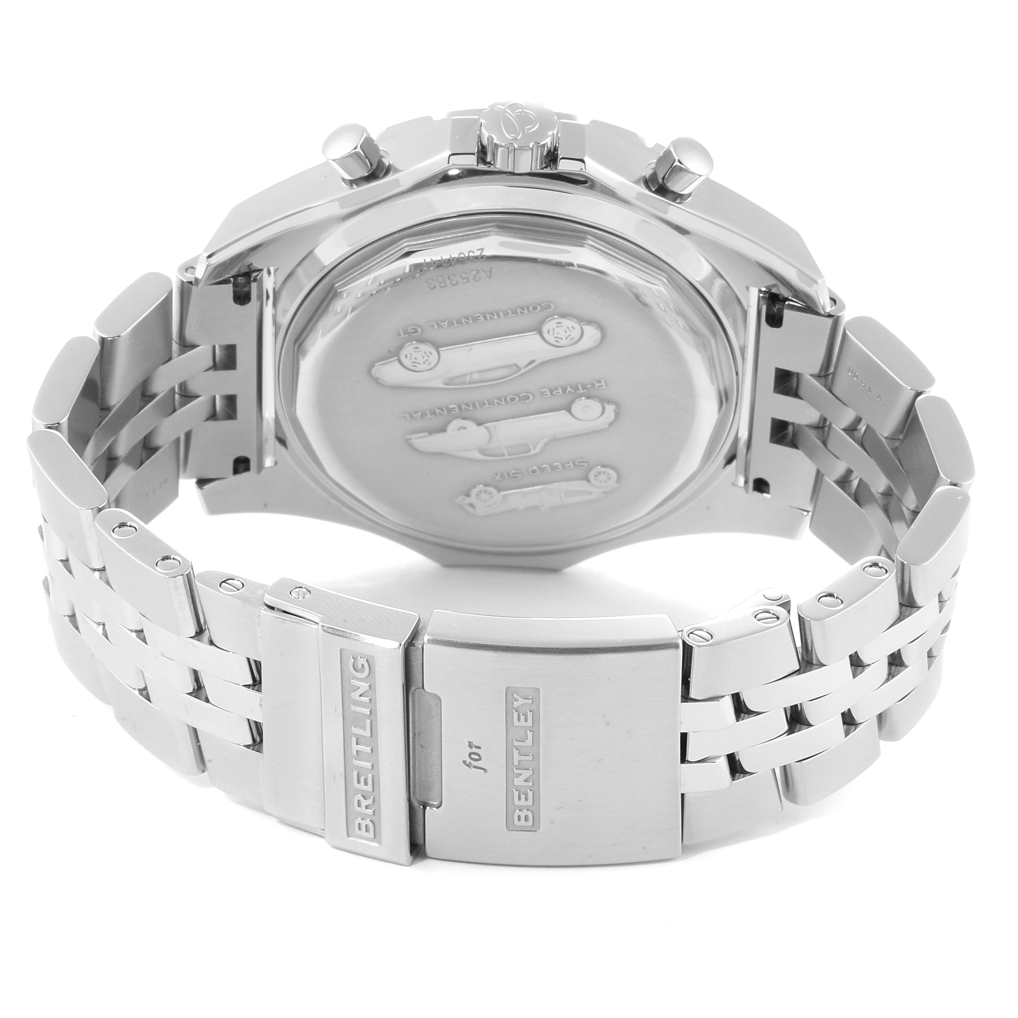 The image shows the back view of a Breitling Bentley A25363 Men's Stainless Steel Black Dial A25363 Men's Stainless Steel Black Dial model watch, highlighting the clasp and bracelet.