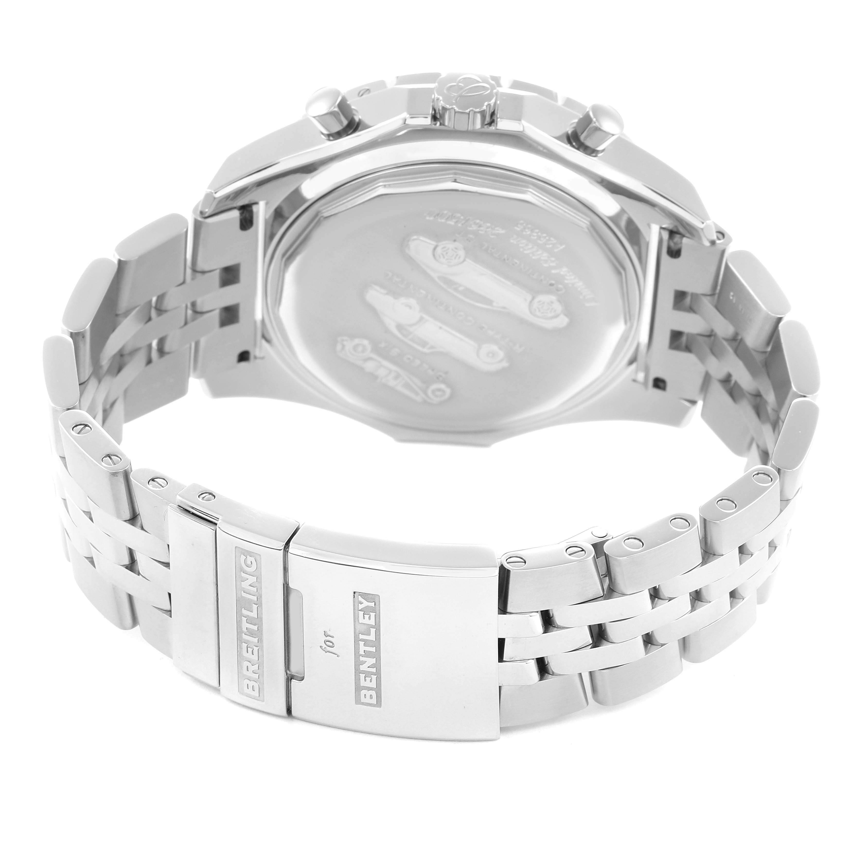 The image shows the back of a Breitling for Bentley watch, model A25365, highlighting the clasp, bracelet, and caseback from an angled view.
