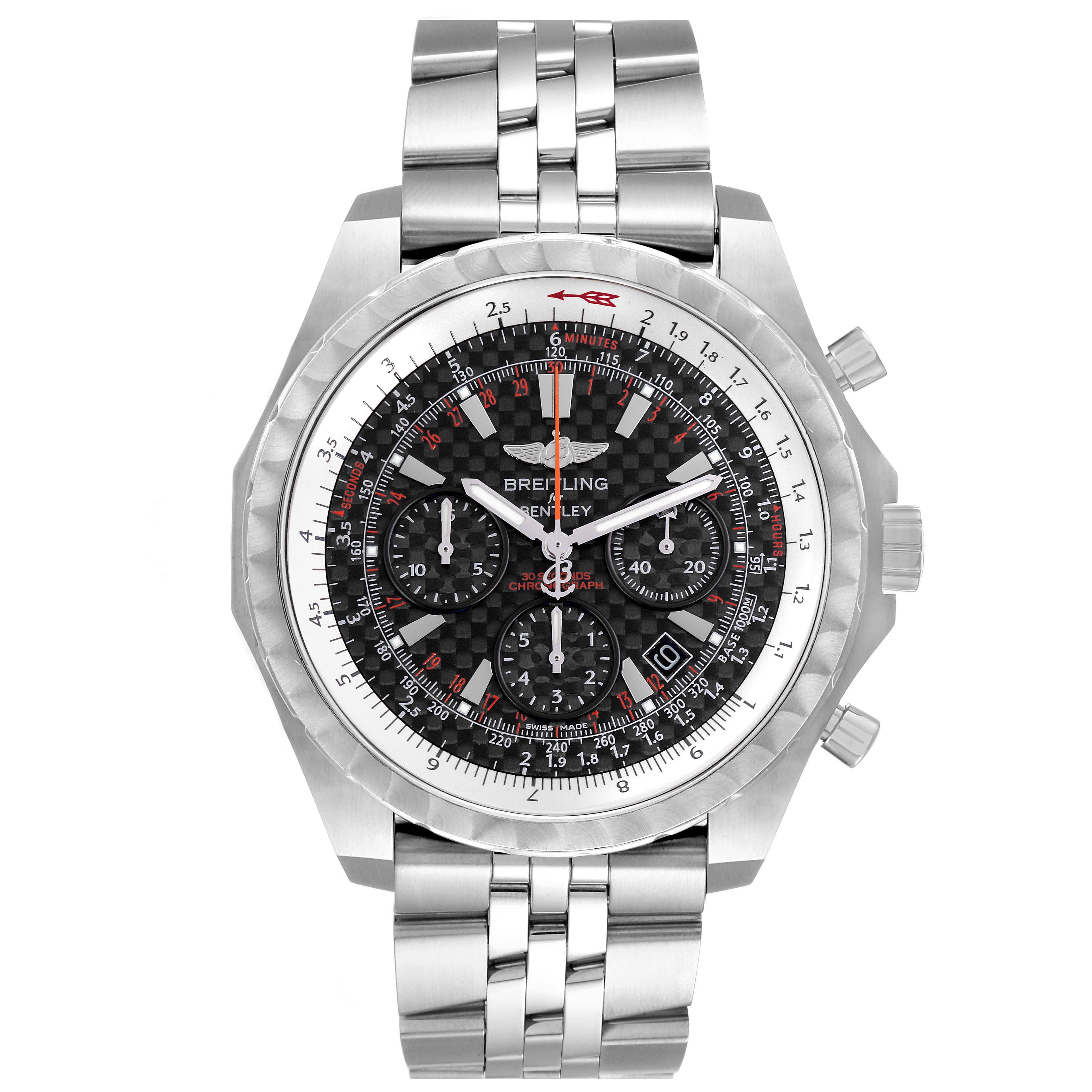 The image shows a front view of the Breitling Bentley A25365 men
s watch, highlighting the face, bezel, and stainless steel bracelet.