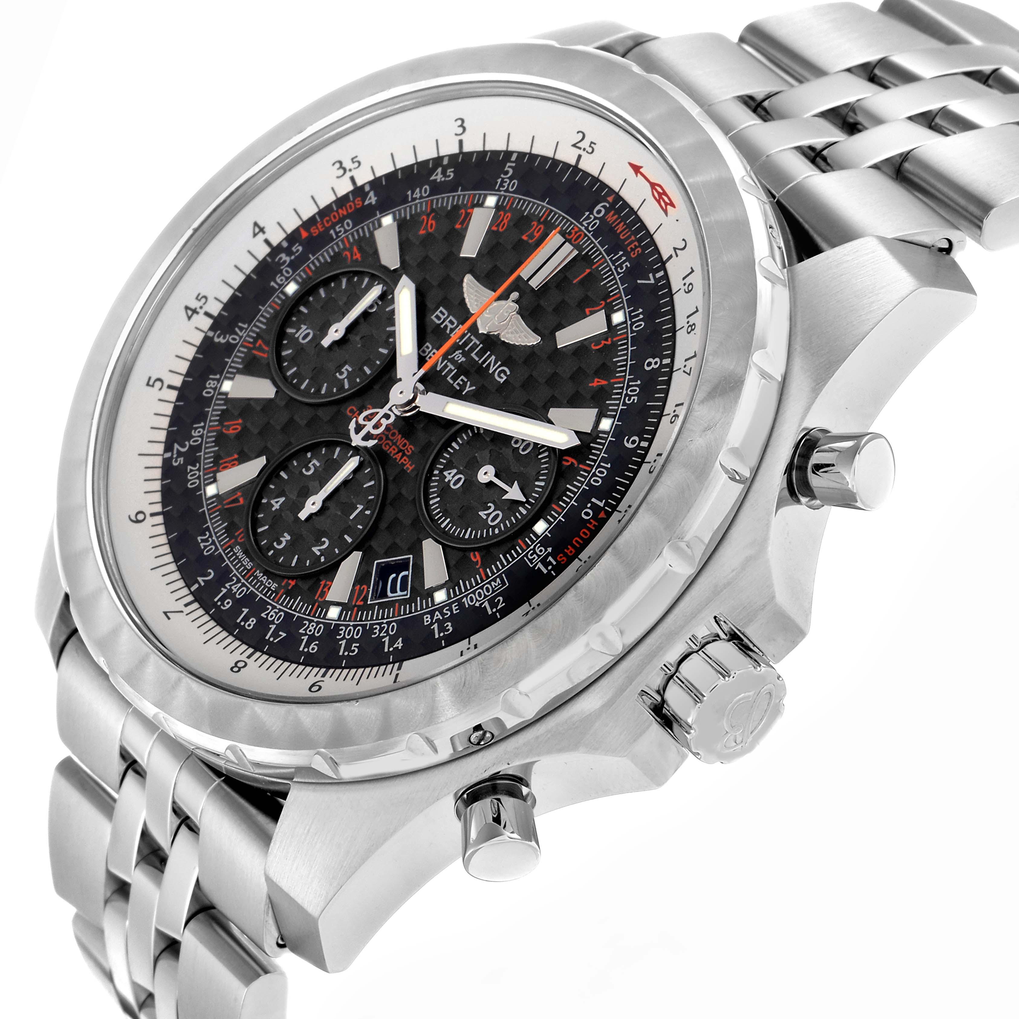 The image shows a side angle of the Breitling Bentley model A25365 men
s watch, highlighting the bezel, crown, pushers, and bracelet.