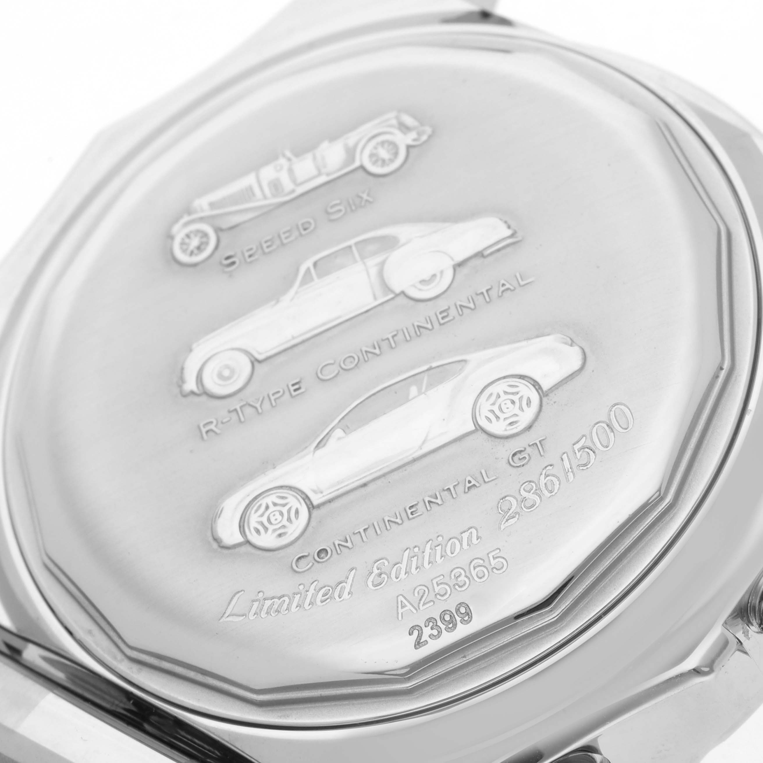 The image shows the back of the Breitling Bentley model A25365 men
s watch, featuring engraved car images and limited edition details.