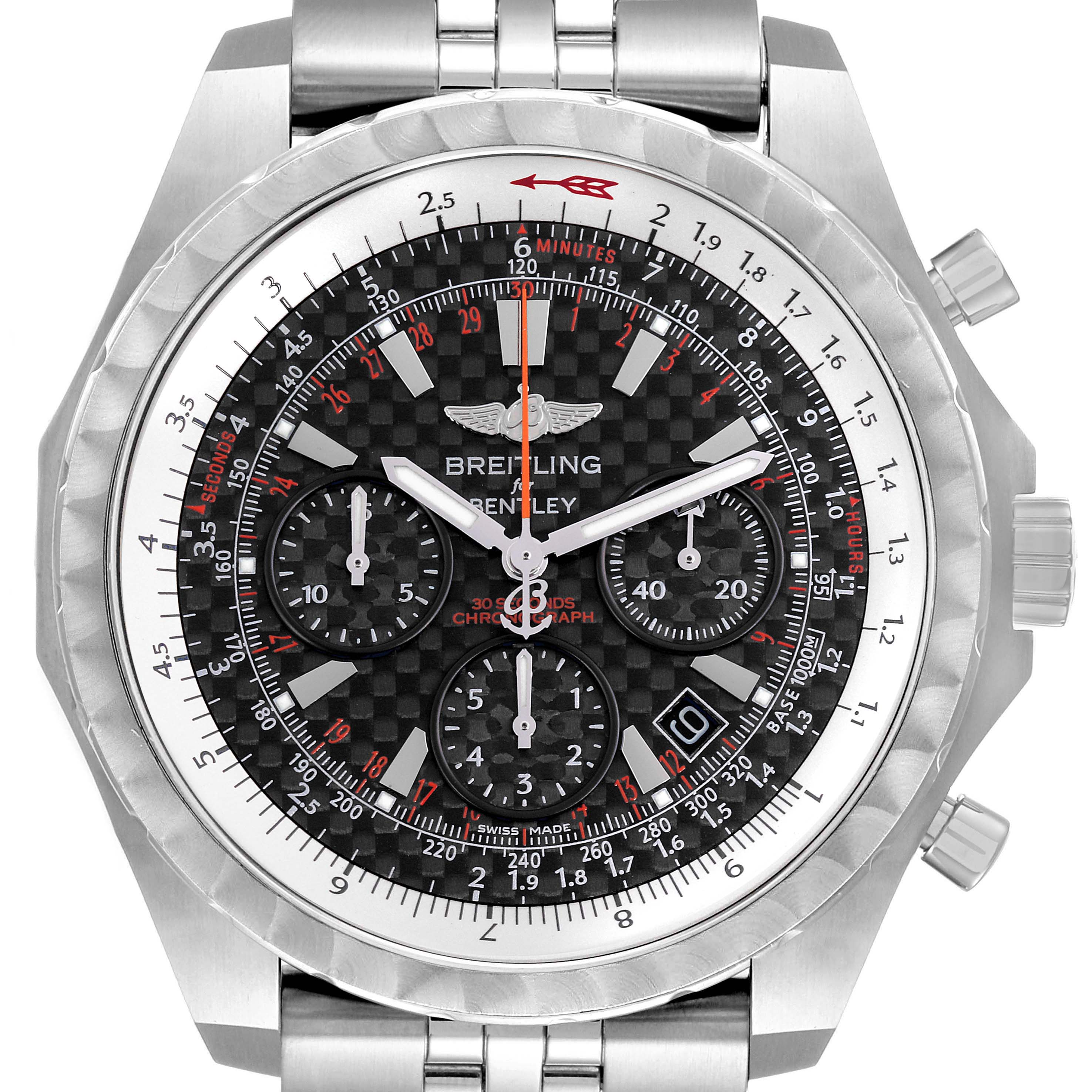 The image shows a frontal view of a Breitling Bentley model A25365 men
s watch, highlighting its dial, bezel, subdials, and bracelet.