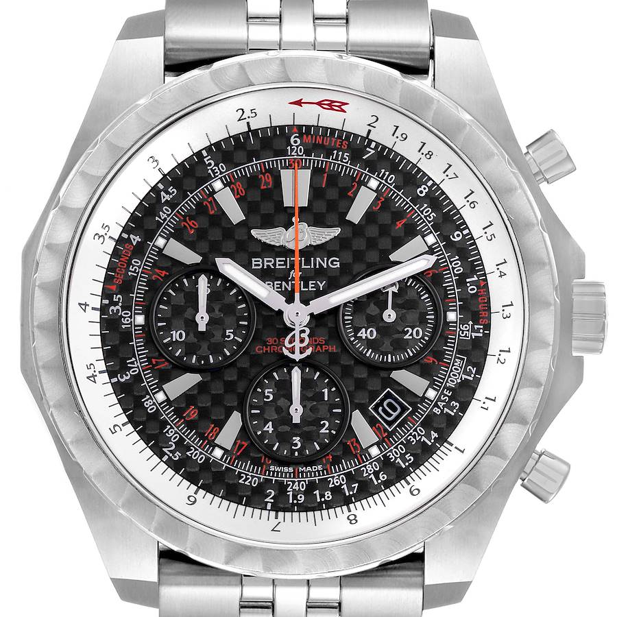 The image shows a frontal view of a Breitling Bentley model A25365 men's watch, highlighting its dial, bezel, subdials, and bracelet.