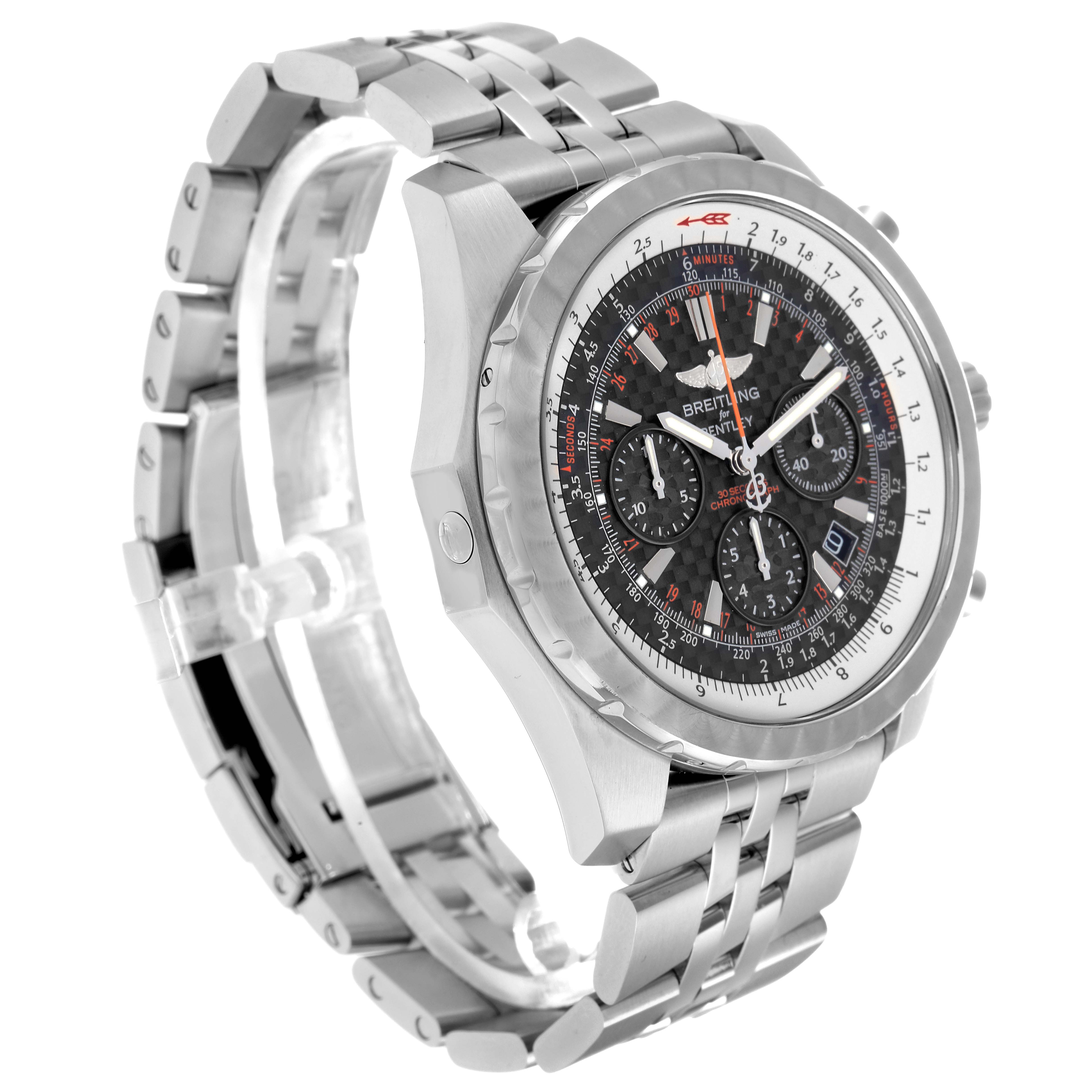 The image shows a Bentley model Breitling watch, model number A25365, from a three-quarter angle, highlighting the face, bezel, and stainless steel bracelet.