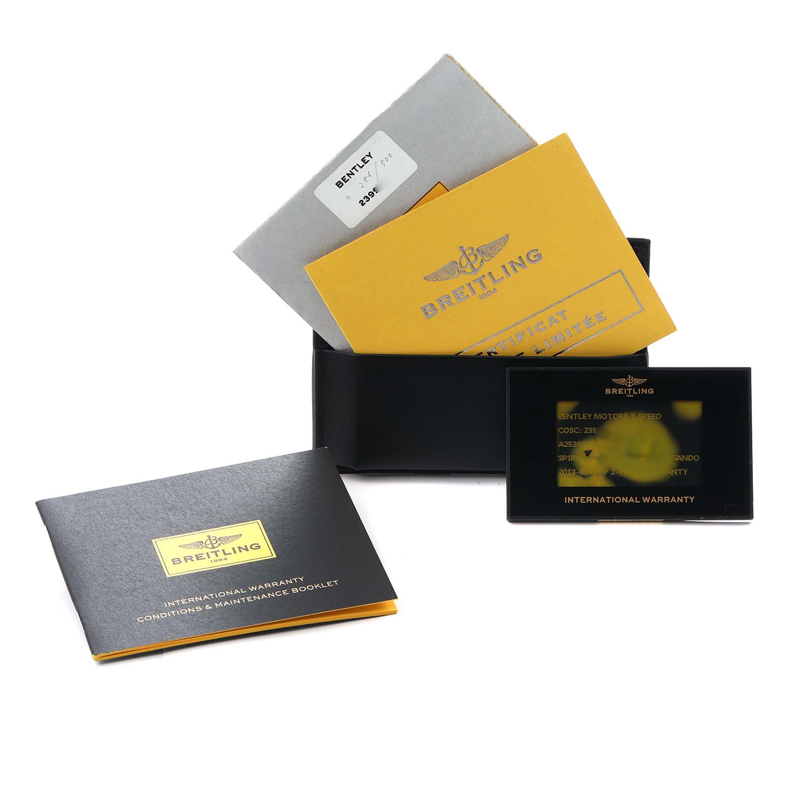 The image shows the accessories for a Breitling Bentley model, model number A25365, including the box, warranty card, and maintenance booklet.