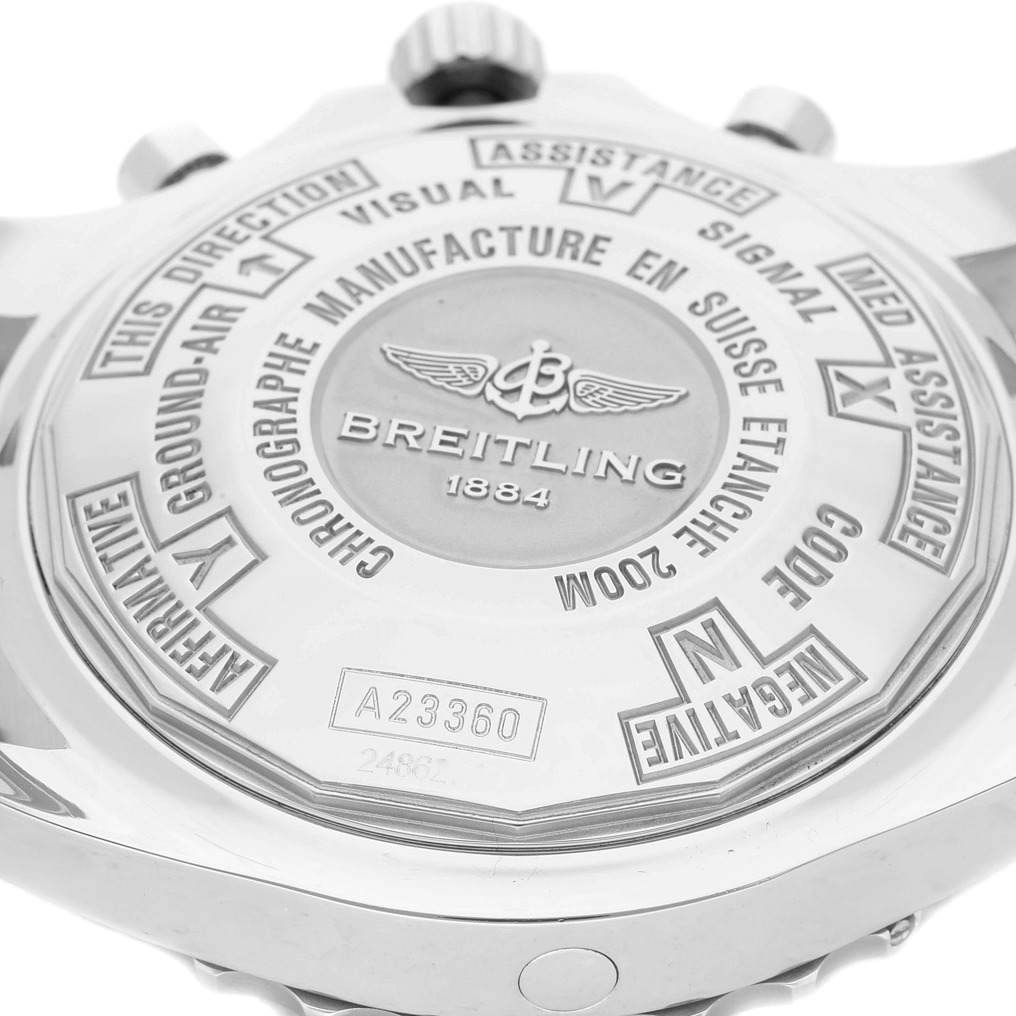 The image shows the back of the Breitling Professional Series A23360 Men
s Stainless Steel Silver Dial A23360 Men
s Stainless Steel Silver Dial watch, highlighting engravings and model A23360.