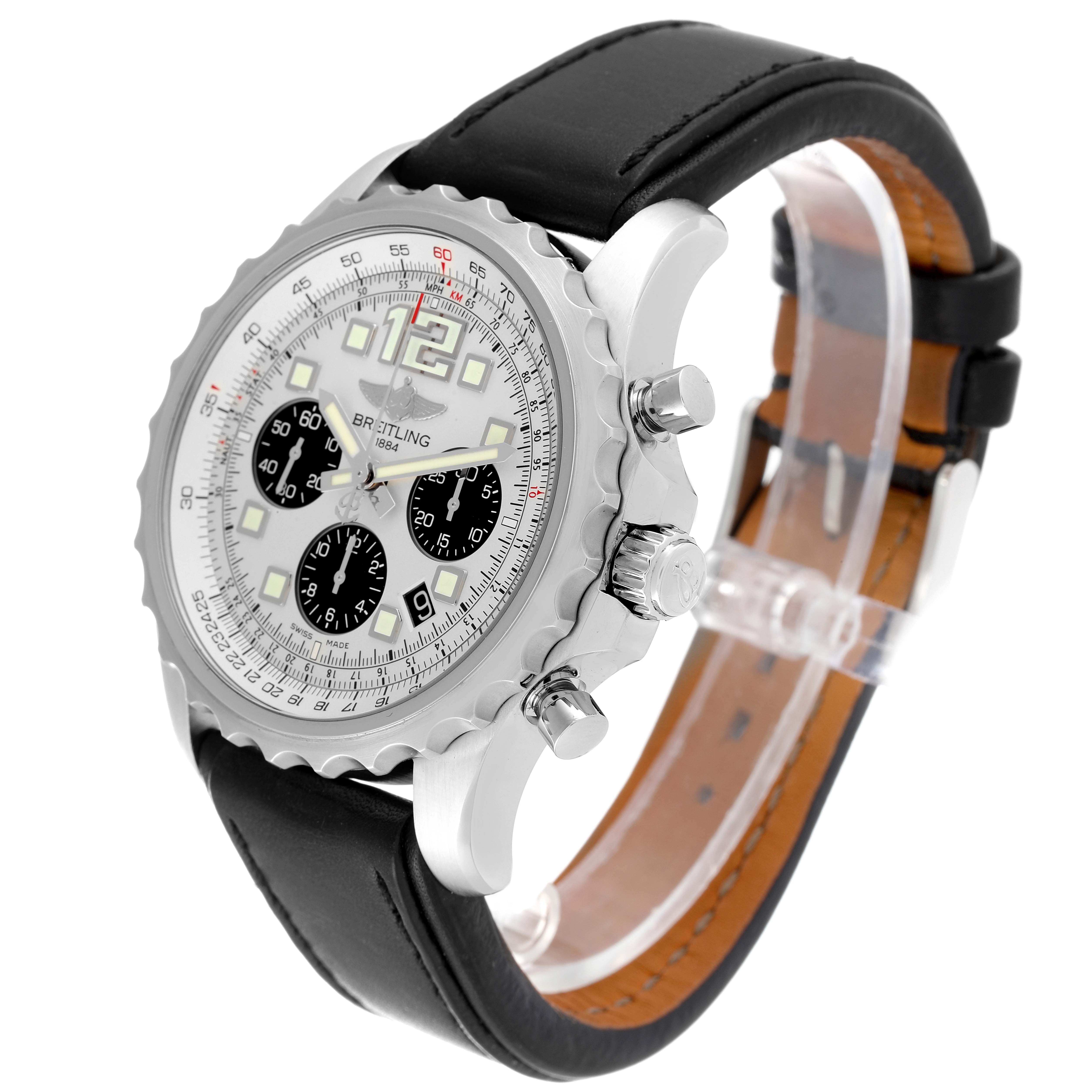 The image shows a Breitling Professional Series A23360 Men
s Stainless Steel Silver Dial A23360 Men
s Stainless Steel Silver Dial model watch from a front-side angle, highlighting the dial, bezel, and black leather strap.