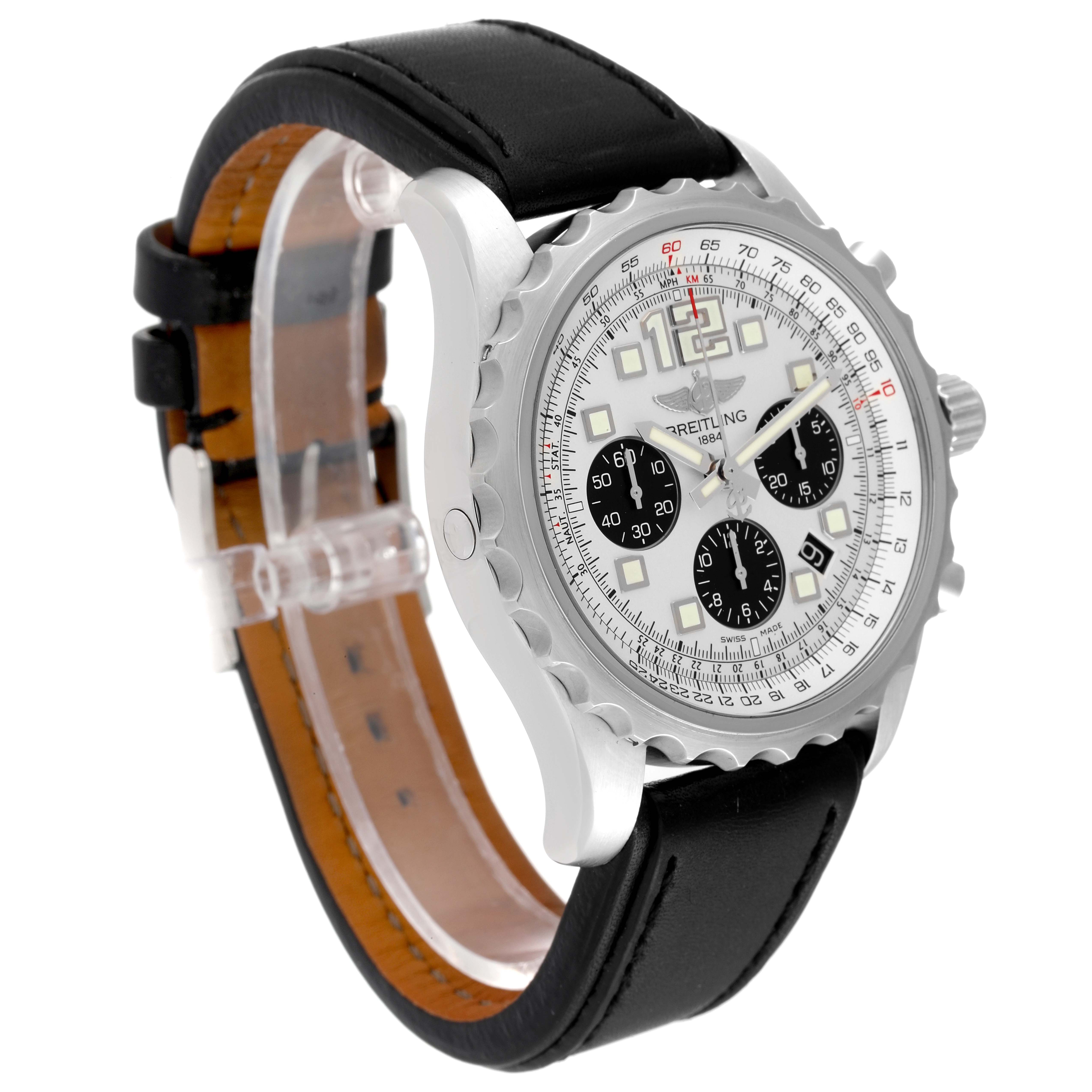 The image shows a side angle of the Breitling Professional Series A23360 Men
s Stainless Steel Silver Dial A23360 Men
s Stainless Steel Silver Dial watch, highlighting its face, bezel, and black leather strap.