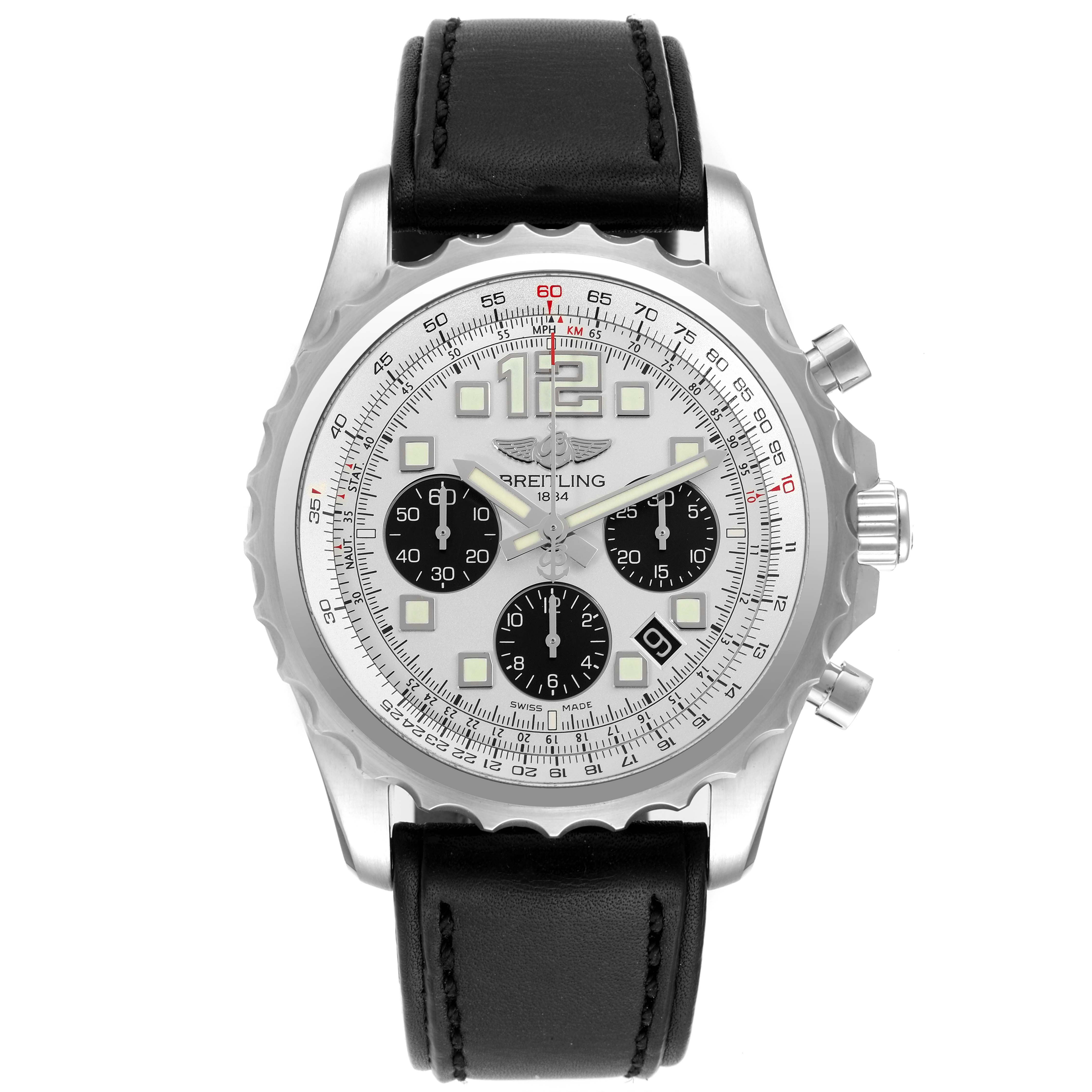 This is a front view of a Breitling Professional Series A23360 Men
s Stainless Steel Silver Dial A23360 Men
s Stainless Steel Silver Dial watch, showing the dial, bezel, case, and black leather strap.
