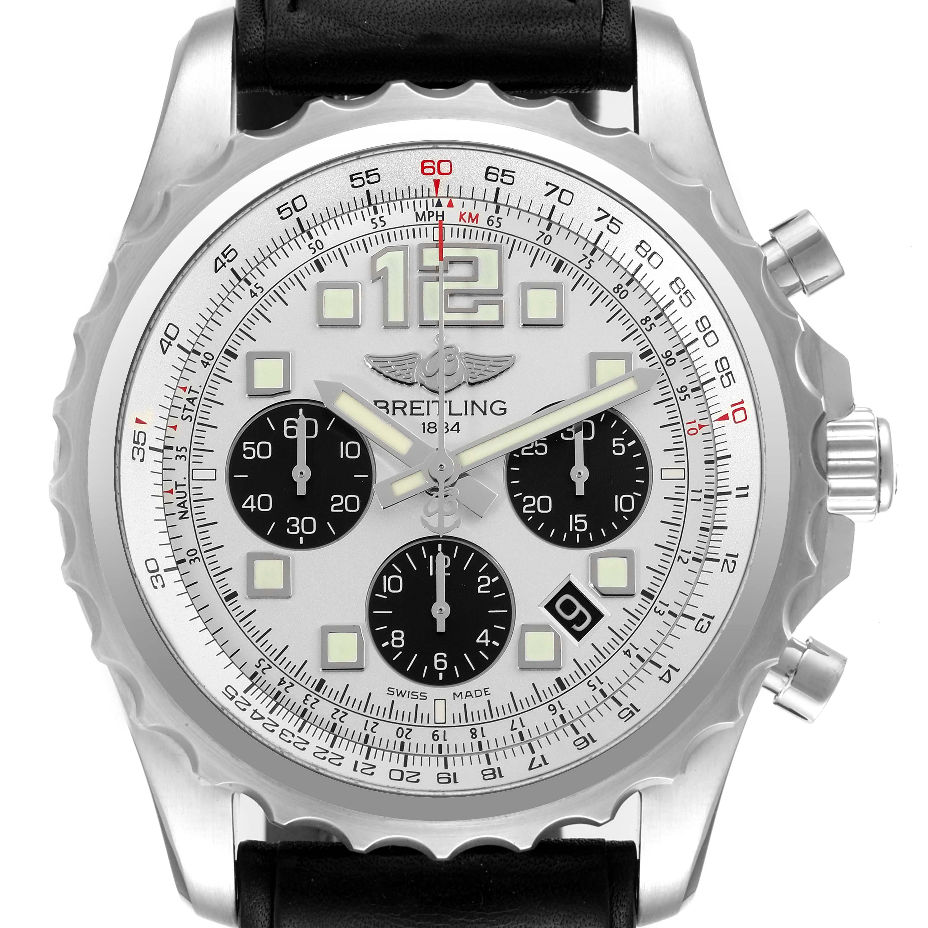 The image shows a front view of a Breitling Professional Series A23360 Men
s Stainless Steel Silver Dial A23360 Men
s Stainless Steel Silver Dial watch, displaying the dial, chronograph subdials, and bezel.