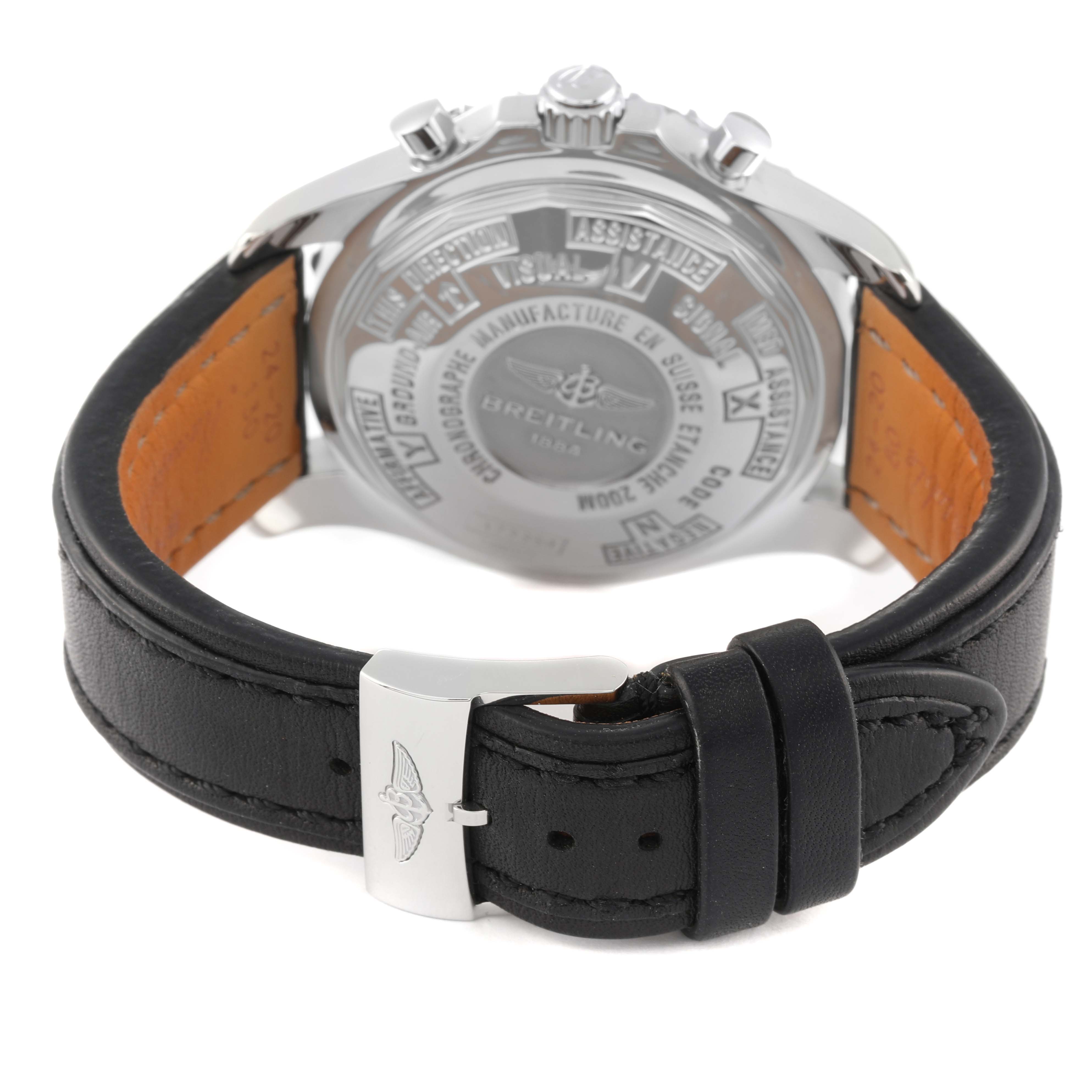 The image shows the back view of a Breitling Professional Series A23360 Men
s Stainless Steel Silver Dial A23360 Men
s Stainless Steel Silver Dial watch, focusing on the case back and leather strap with clasp.