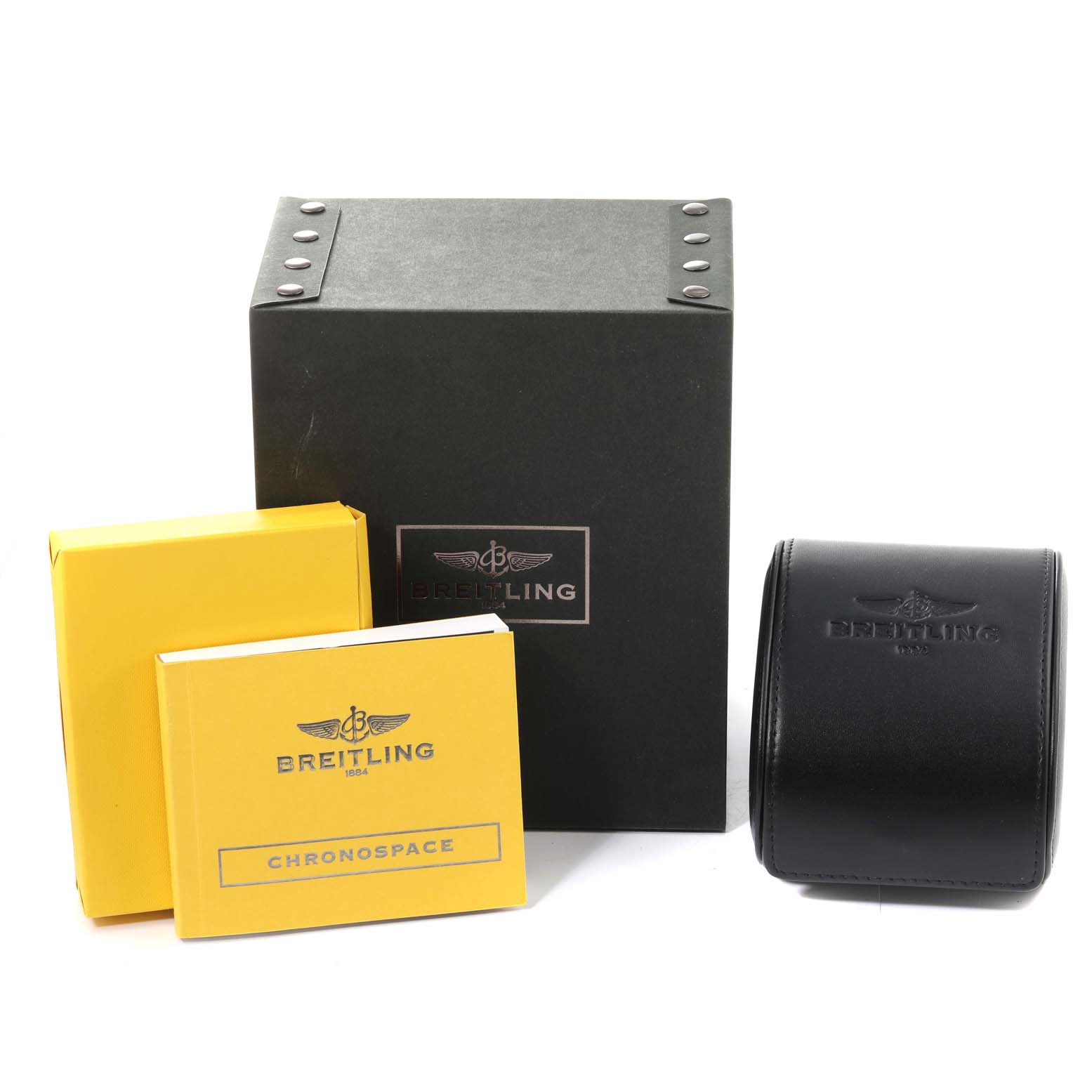 The image shows the Breitling Professional Series A23360 Men
s Stainless Steel Silver Dial A23360 Men
s Stainless Steel Silver Dial packaging, manuals, and a watch case, taken from the front angle.