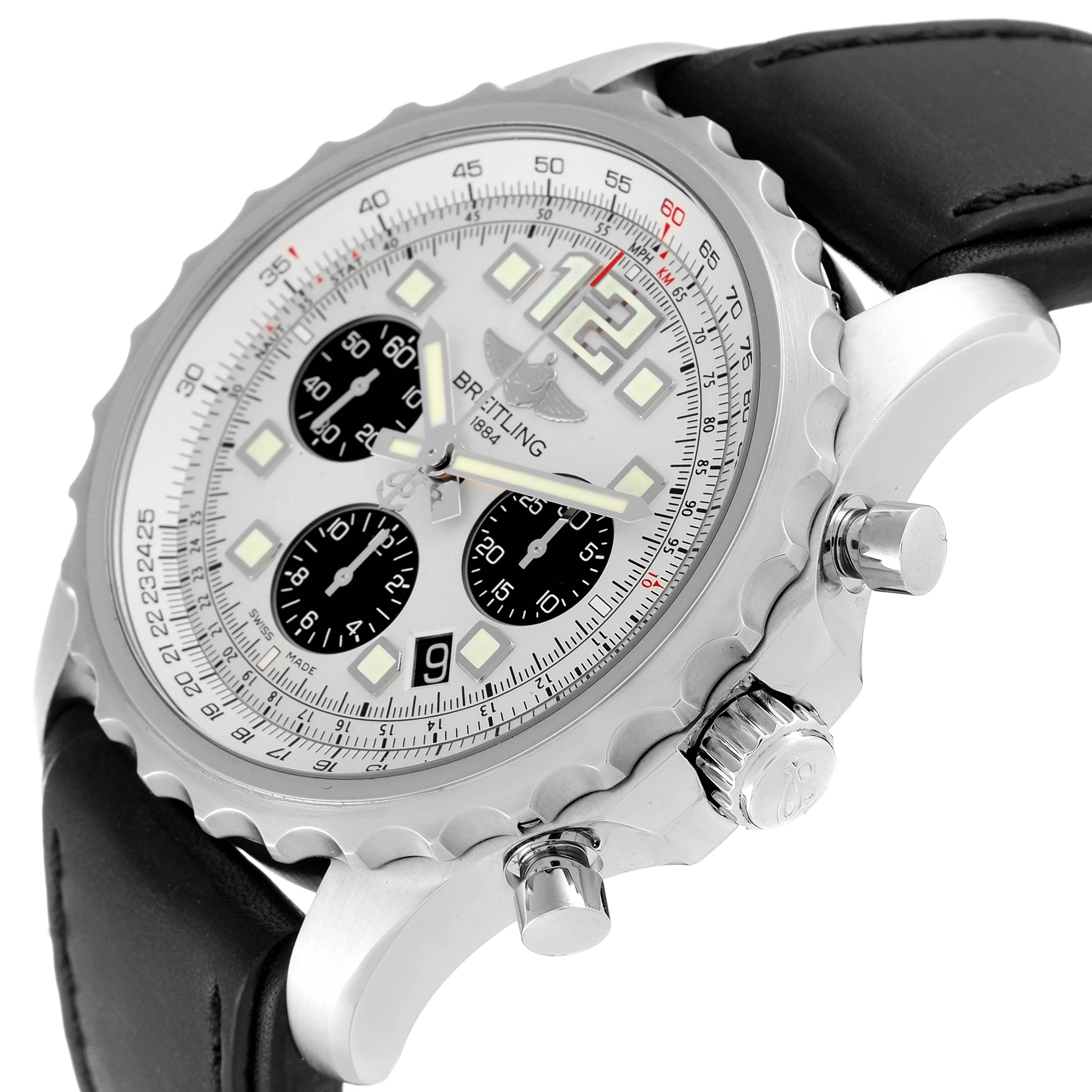 The image shows a close-up of the Breitling Professional Series A23360 Men
s Stainless Steel Silver Dial A23360 Men
s Stainless Steel Silver Dial watch at an angle highlighting the dial, bezel, and side buttons.