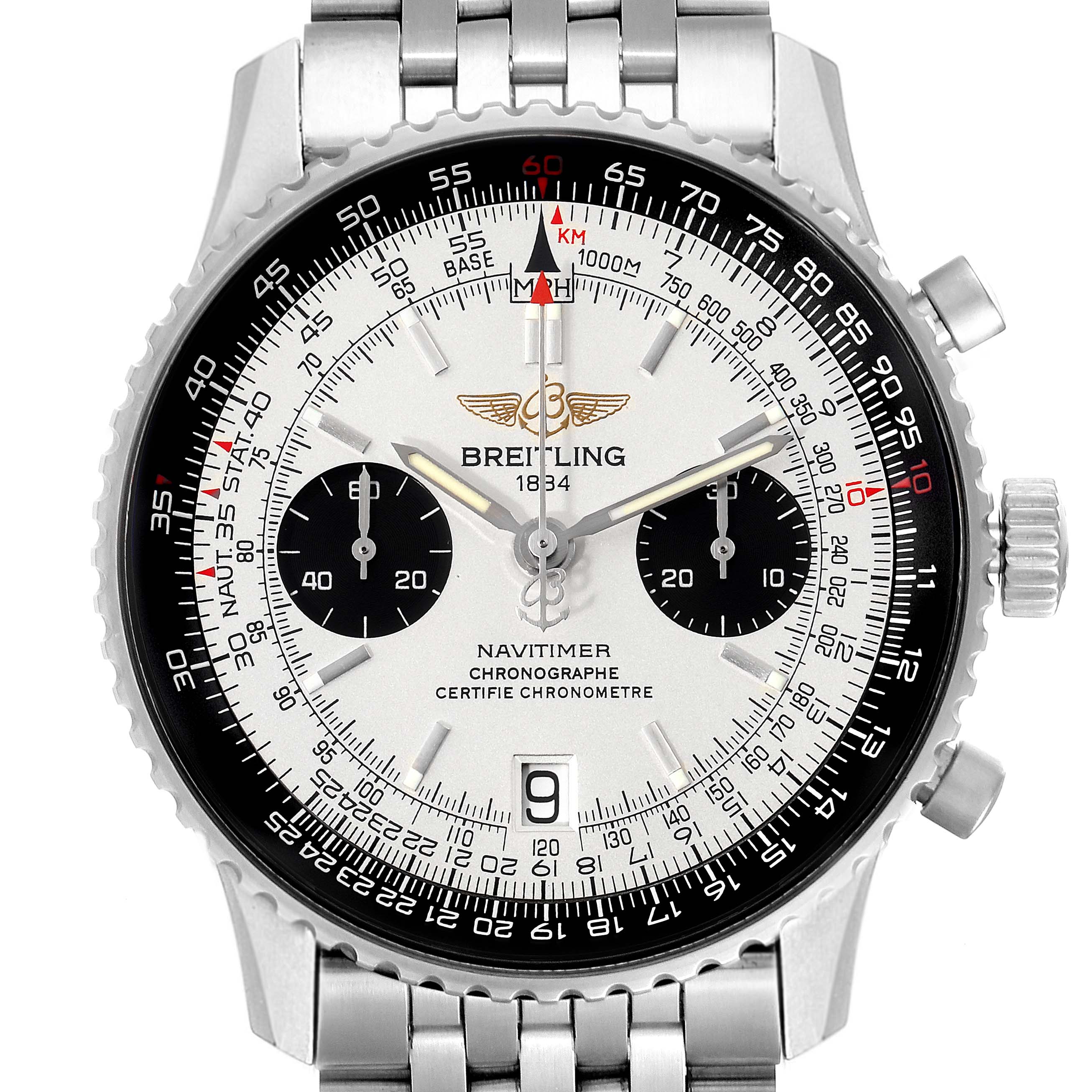 The image shows a front view of a Breitling Navitimer A23330 Men's Stainless Steel Silver Dial A23330 Men's Stainless Steel Silver Dial watch, displaying its dial, bezel, and part of its bracelet.