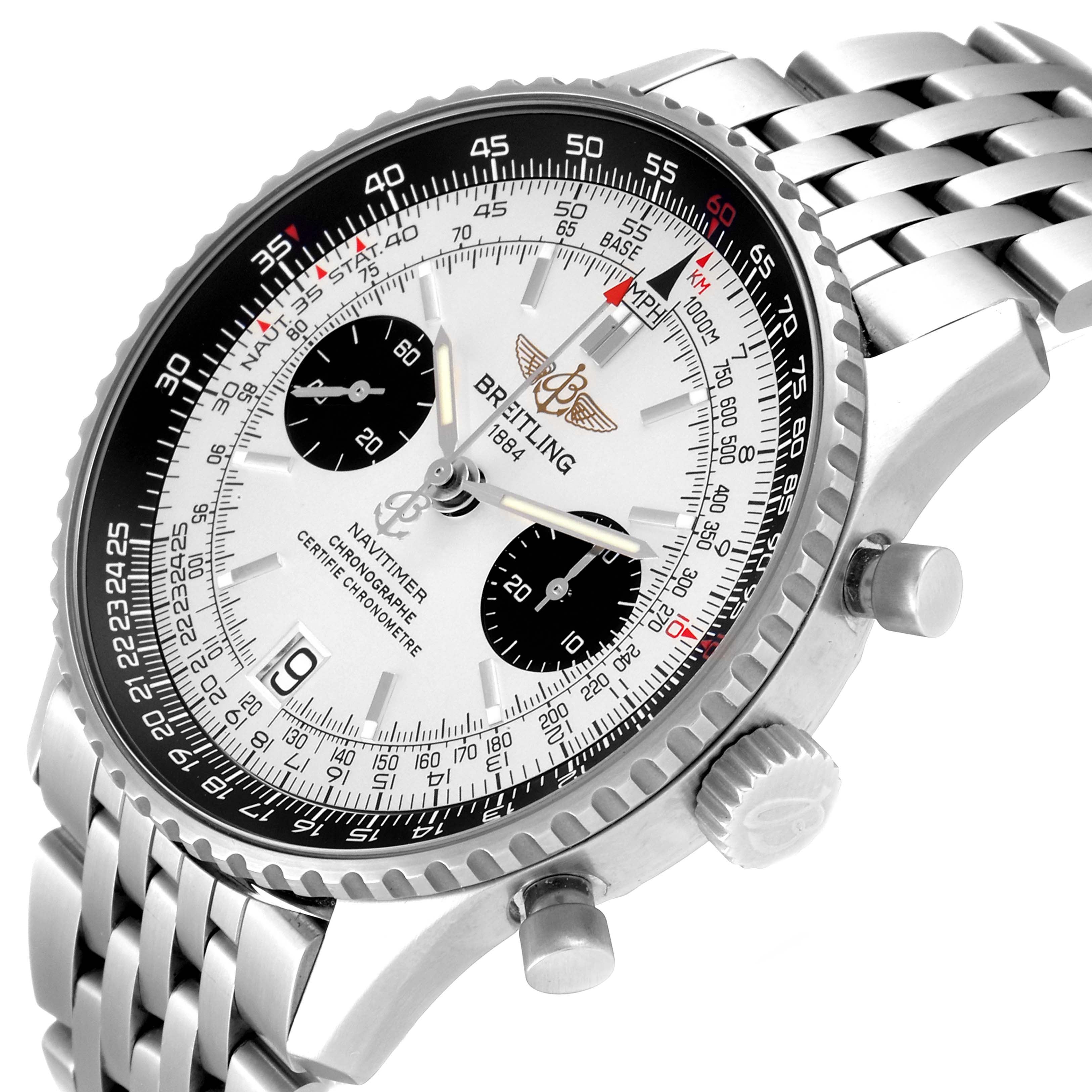 This image shows a Breitling Navitimer A23330 Men's Stainless Steel Silver Dial A23330 Men's Stainless Steel Silver Dial watch at a slight angle, highlighting the dial, bezel, crown, and part of the stainless steel bracelet.