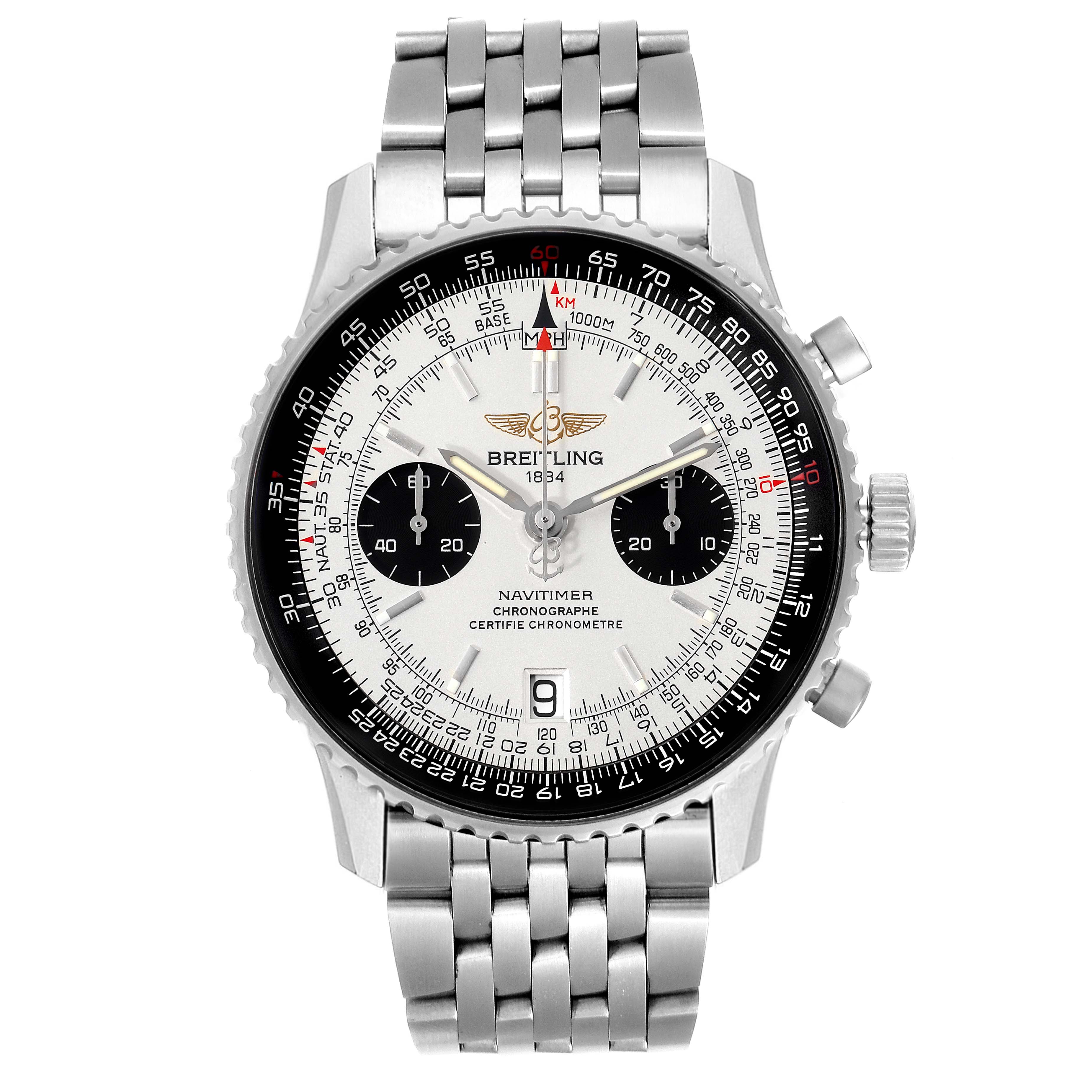 The image shows a front view of a Breitling Navitimer A23330 Men's Stainless Steel Silver Dial A23330 Men's Stainless Steel Silver Dial watch, displaying the face, bezel, pushers, crown, and metal bracelet.
