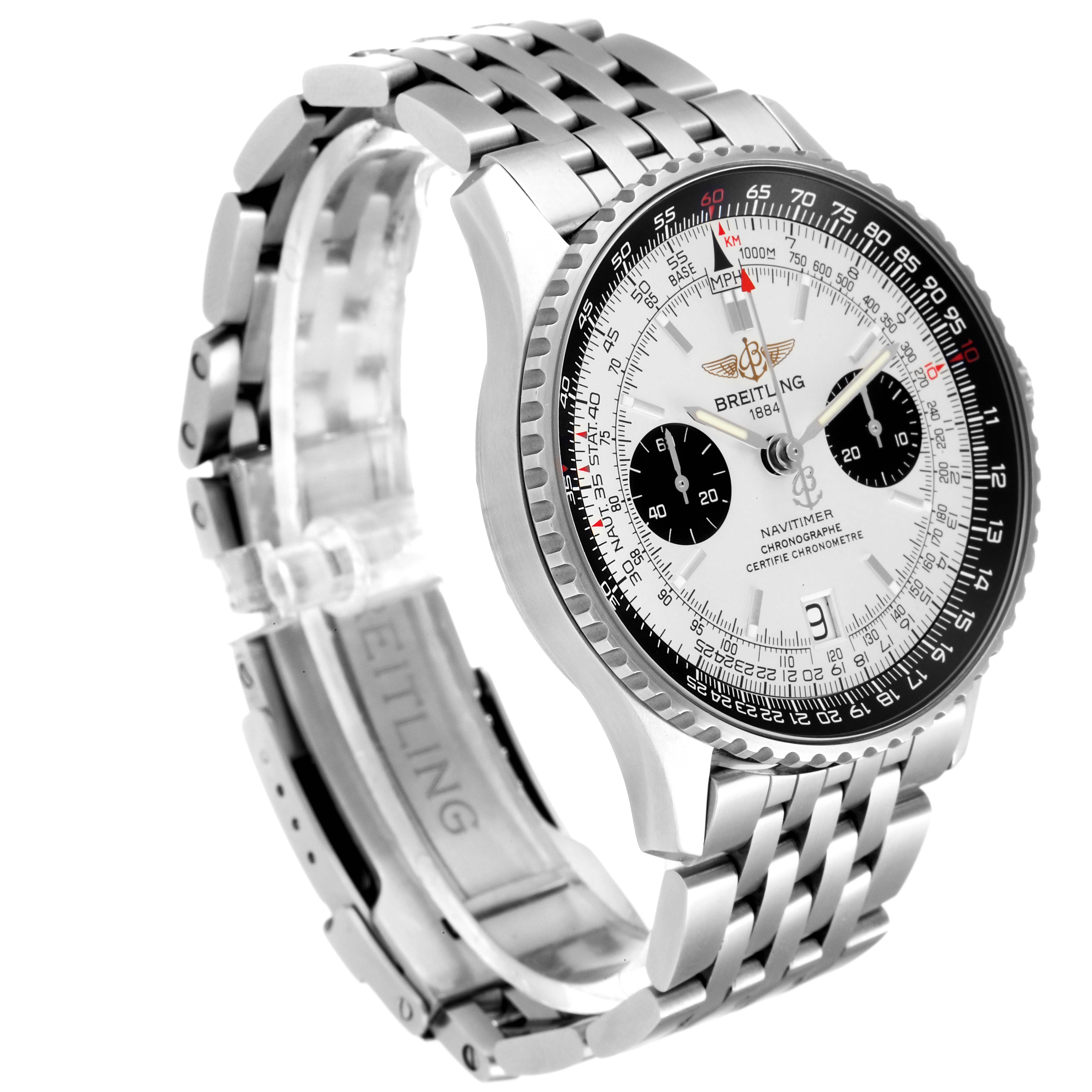 The Breitling Navitimer A23330 Men's Stainless Steel Silver Dial A23330 Men's Stainless Steel Silver Dial watch is shown at a side angle, highlighting its face, bezel, and metal bracelet.