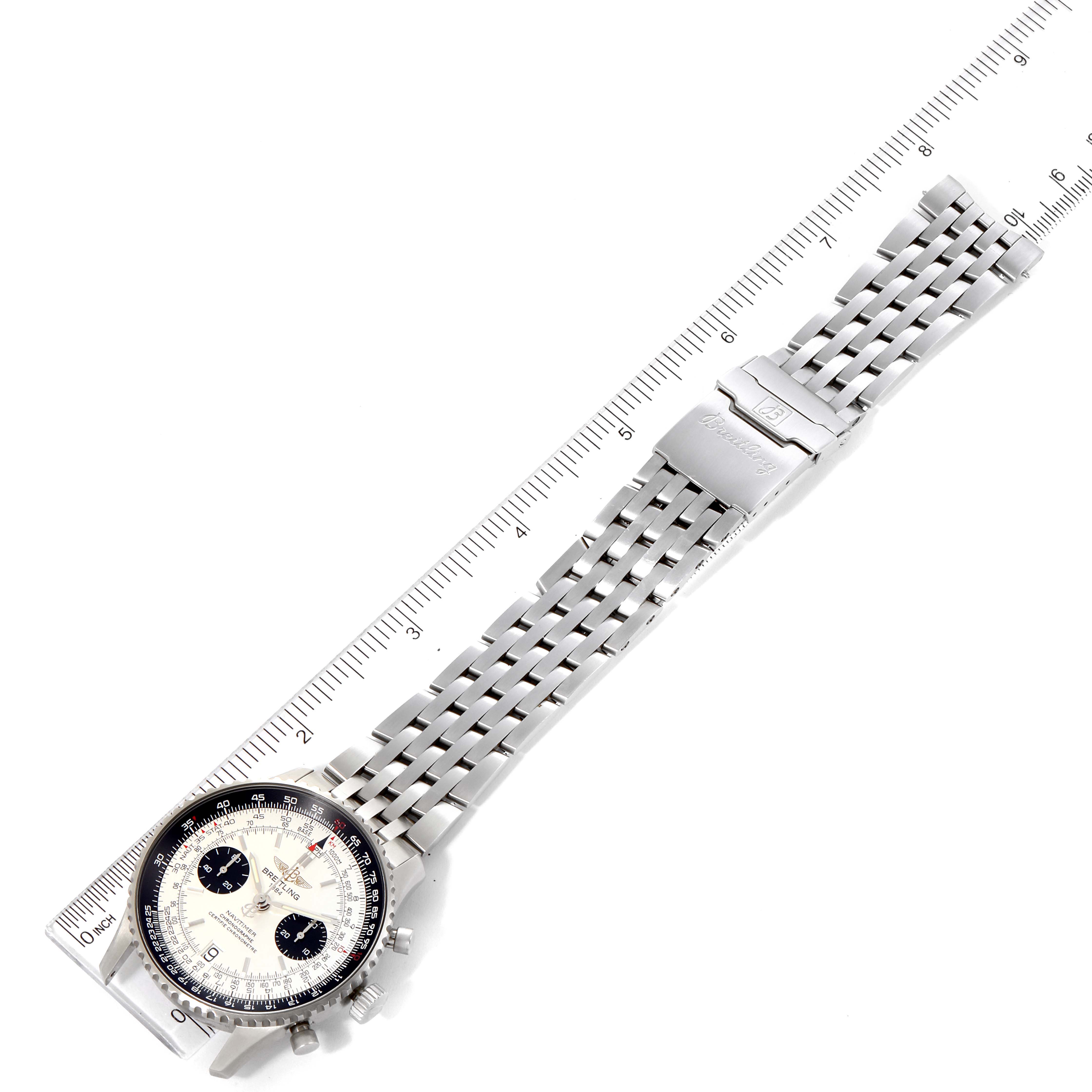 The Breitling Navitimer A23330 Men's Stainless Steel Silver Dial A23330 Men's Stainless Steel Silver Dial watch is shown from an angled top-down view, displaying the full face, bezel, bracelet, and clasp.