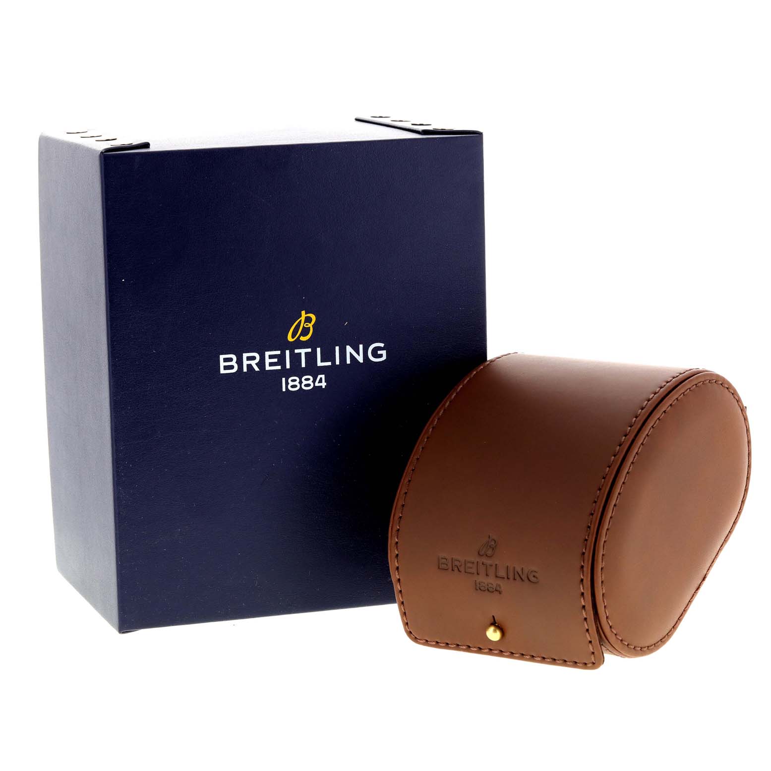 This image shows a Breitling Navitimer A23330 Men's Stainless Steel Silver Dial A23330 Men's Stainless Steel Silver Dial watch's blue box and brown leather case from a front angle.