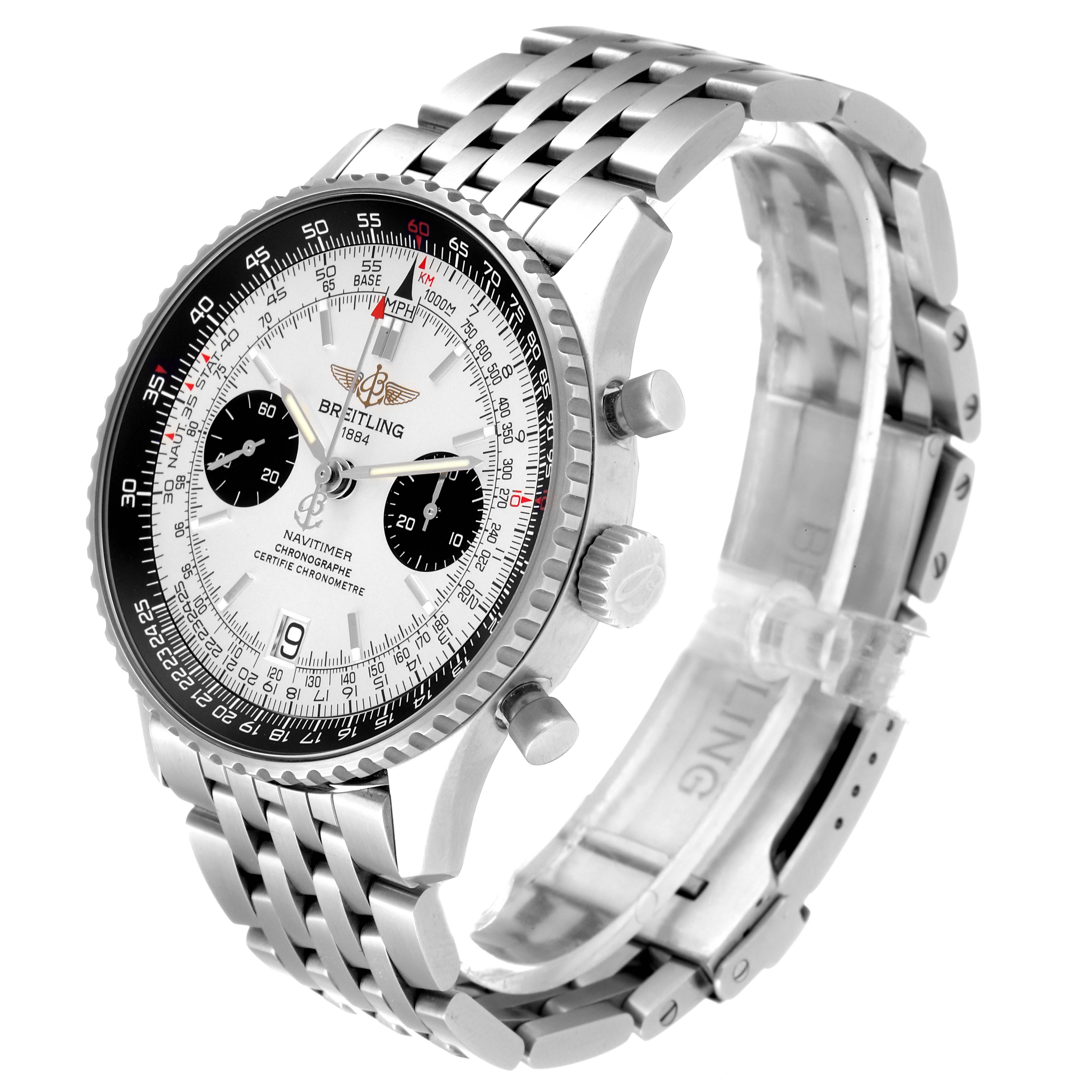 The Breitling Navitimer A23330 Men's Stainless Steel Silver Dial A23330 Men's Stainless Steel Silver Dial watch is shown at a slight angle, highlighting the face, bezel, crown, and bracelet.