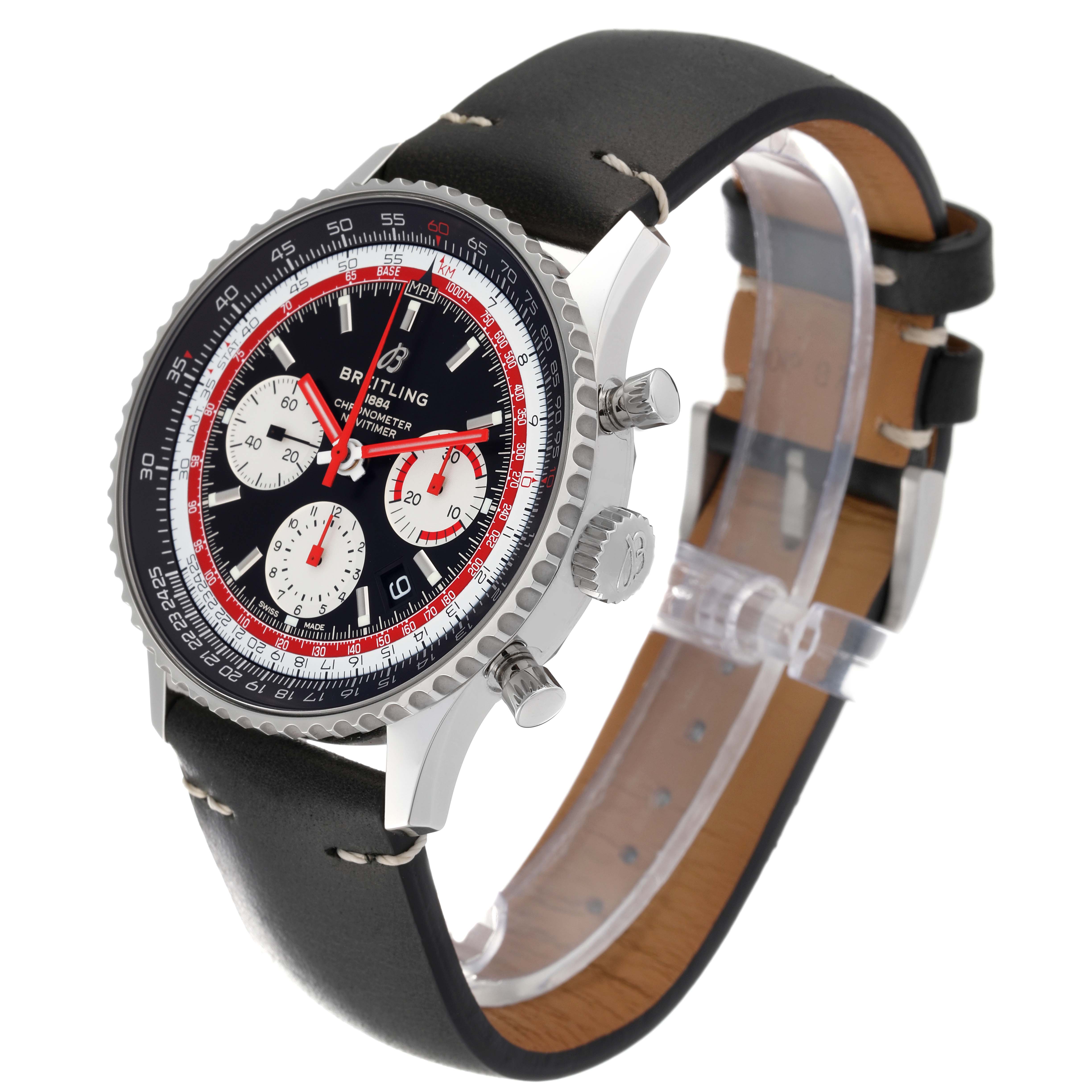 The watch shown is a Breitling Navitimer AB0121 Men's Stainless Steel Black Dial AB0121 Men's Stainless Steel Black Dial model, displayed at a three-quarter angle, featuring its face, bezel, crown, pushers, and leather strap.