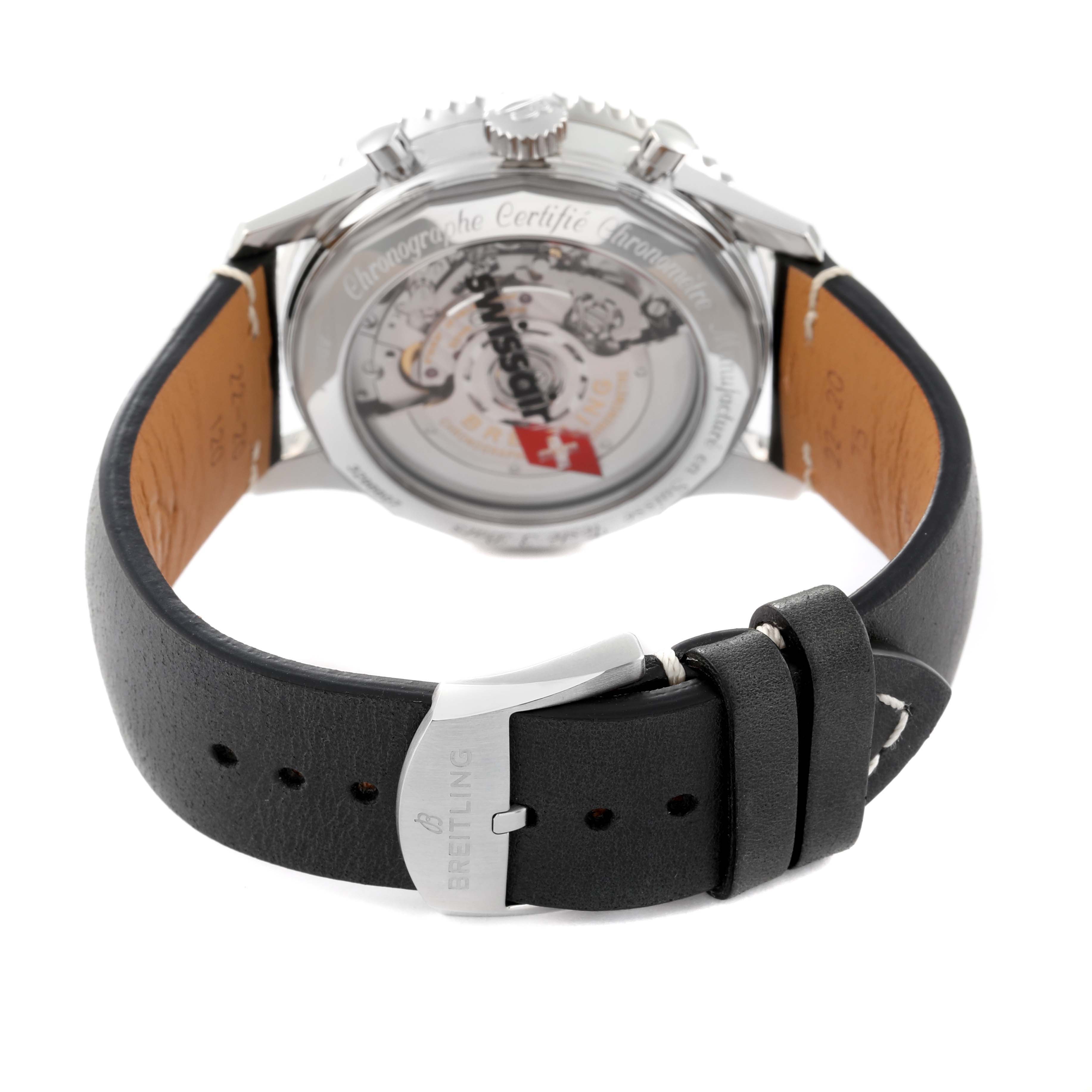 The image shows the back of the Breitling Navitimer AB0121 Men's Stainless Steel Black Dial AB0121 Men's Stainless Steel Black Dial watch, highlighting the transparent case back, movement, and leather strap with the Breitling clasp.