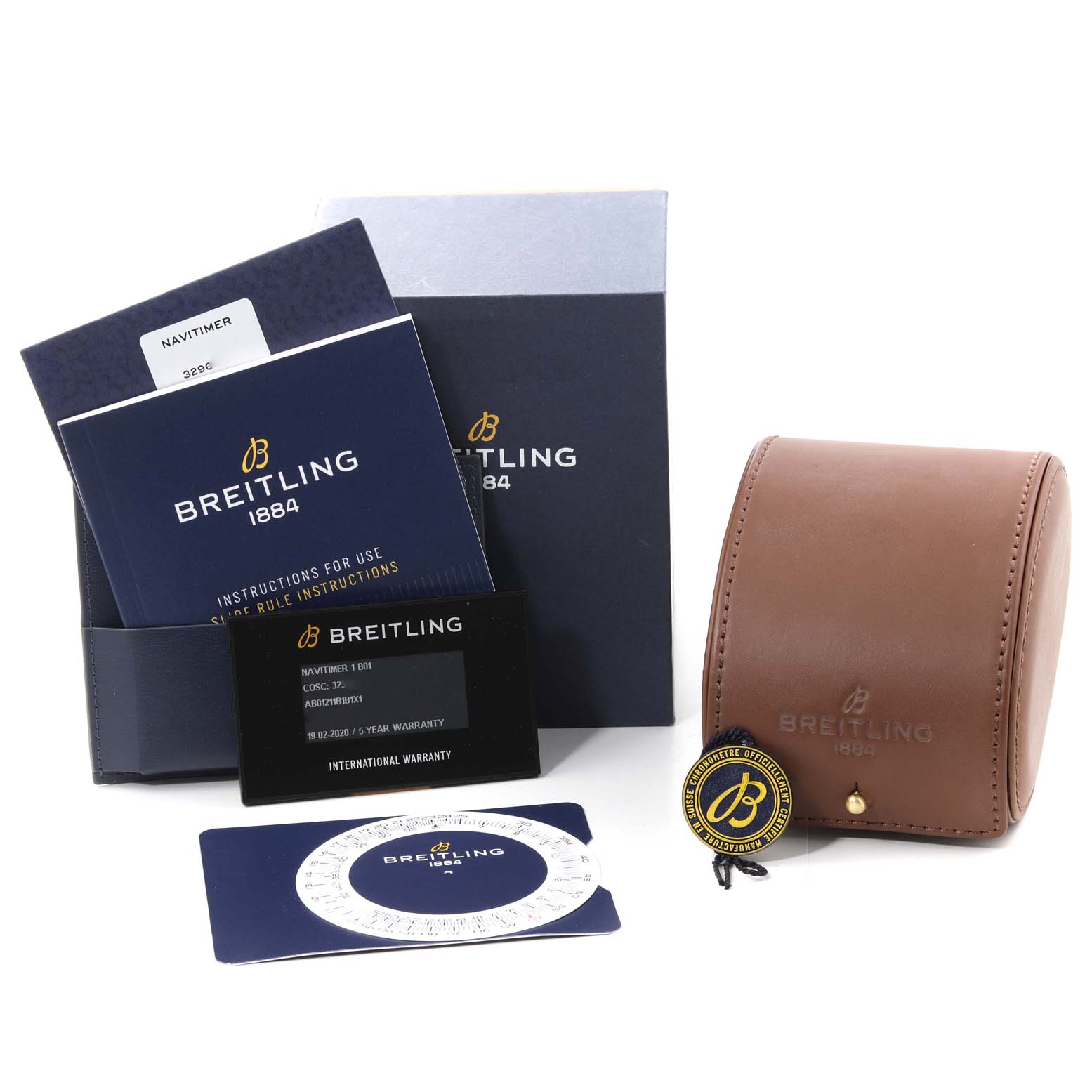 The image shows the packaging, warranty cards, manual, and case for the Breitling Navitimer AB0121 Men's Stainless Steel Black Dial AB0121 Men's Stainless Steel Black Dial watch model.