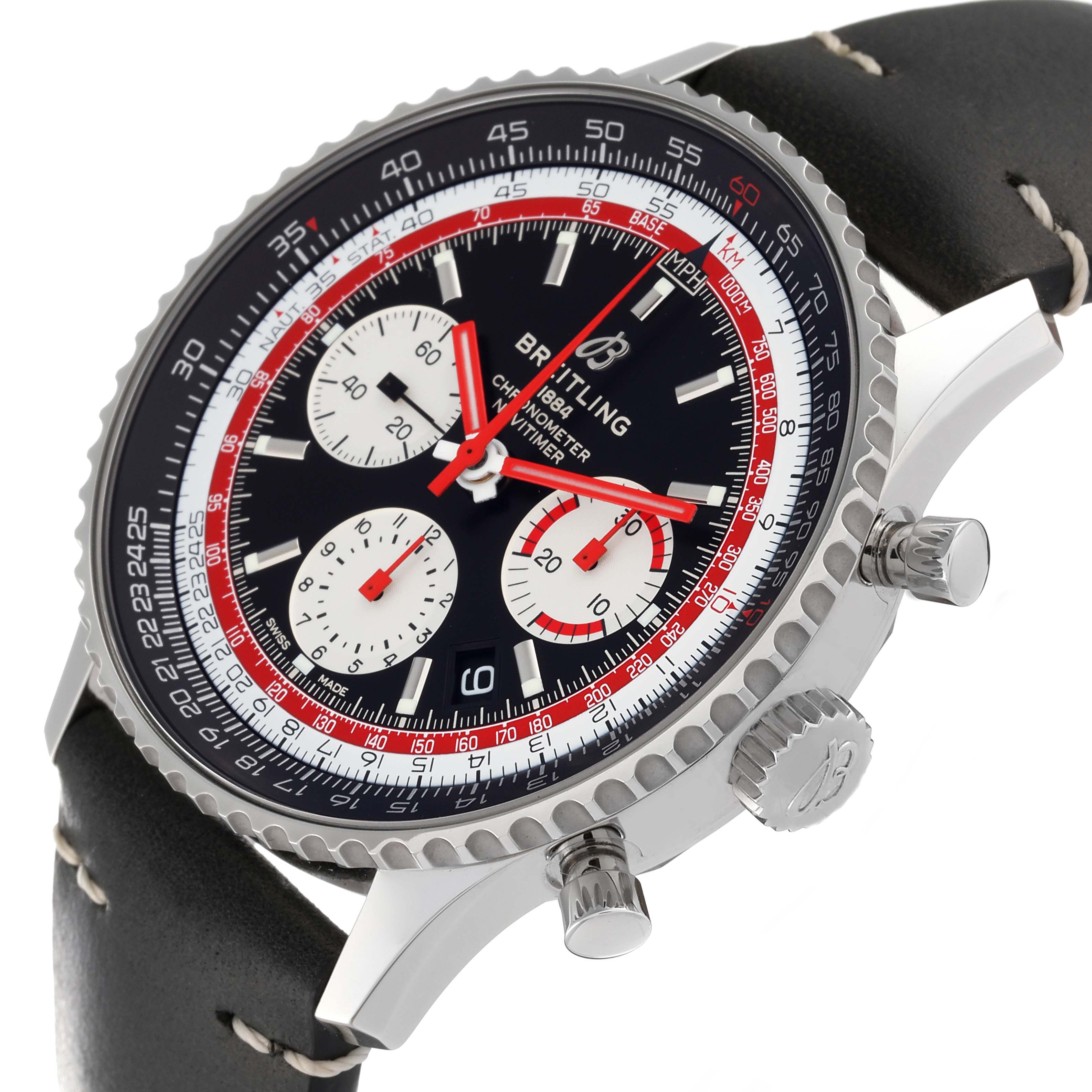 The image shows a close-up angle of the Breitling Navitimer AB0121 Men's Stainless Steel Black Dial AB0121 Men's Stainless Steel Black Dial watch featuring its dial, bezels, pushers, and part of the strap.