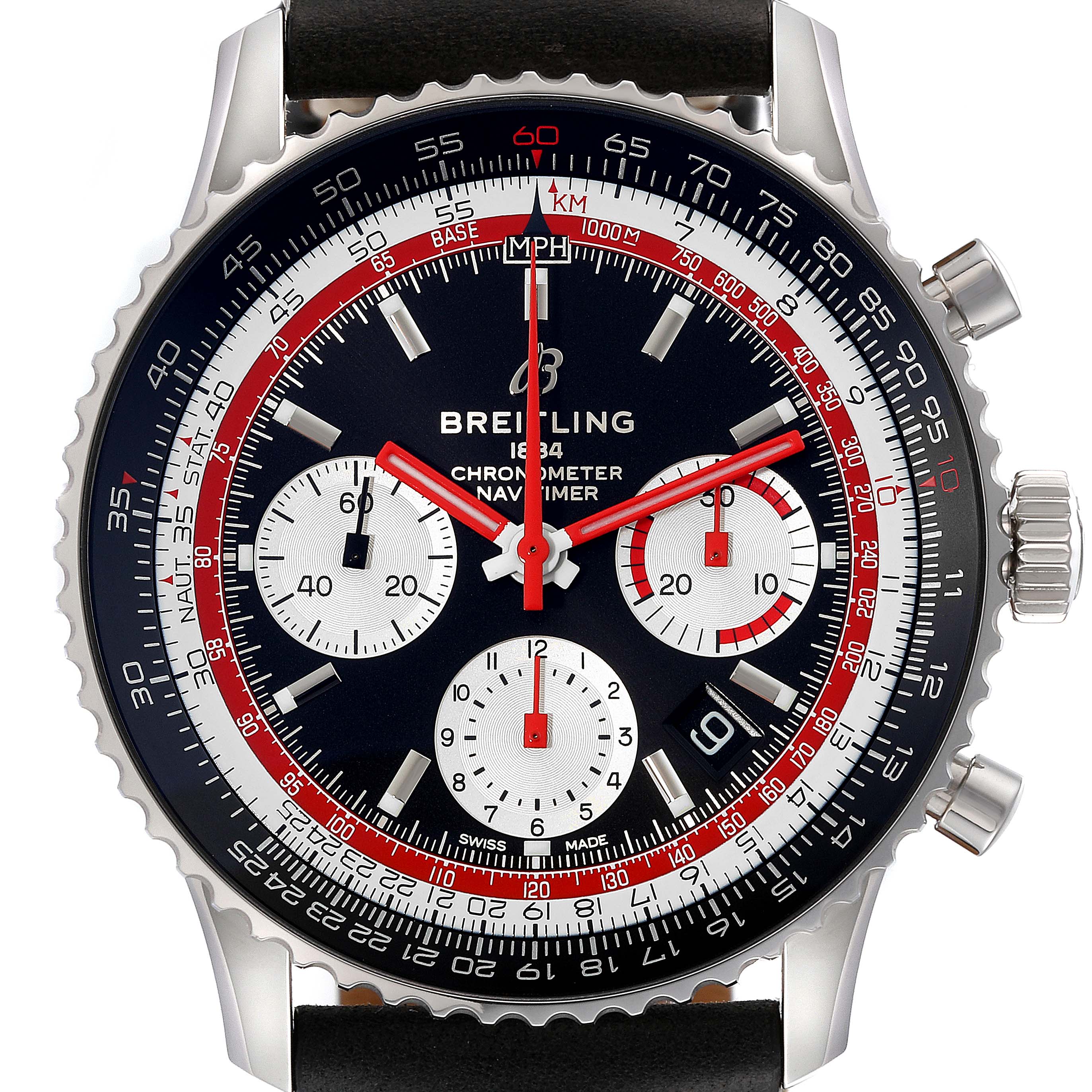 The image shows a front view of the Breitling Navitimer AB0121 Men's Stainless Steel Black Dial AB0121 Men's Stainless Steel Black Dial, displaying the face, chronograph sub-dials, and outer bezel ring.