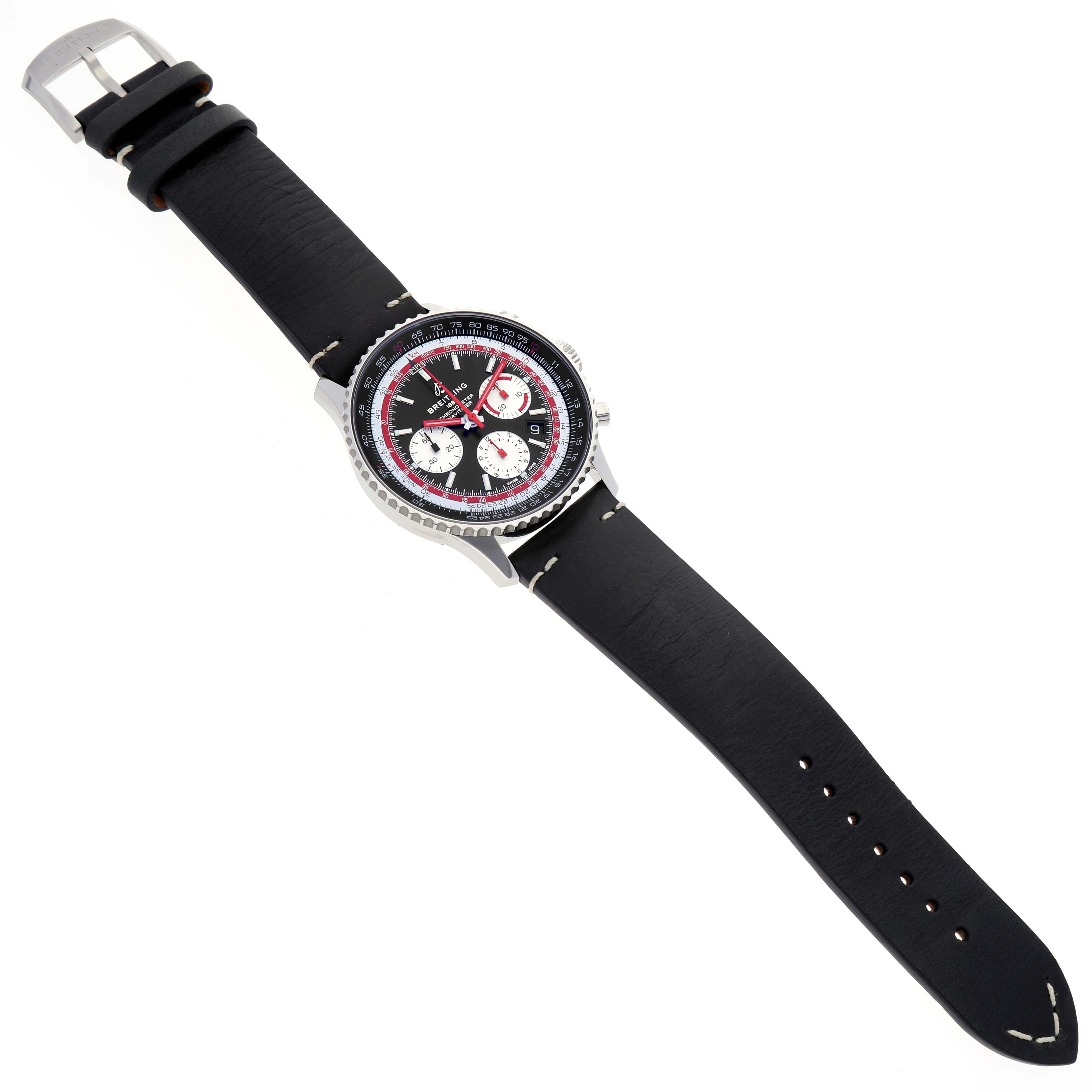 The image shows a top view of a Breitling Navitimer AB0121 Men's Stainless Steel Black Dial AB0121 Men's Stainless Steel Black Dial watch, displaying its black strap, stainless steel case, and detailed dial.