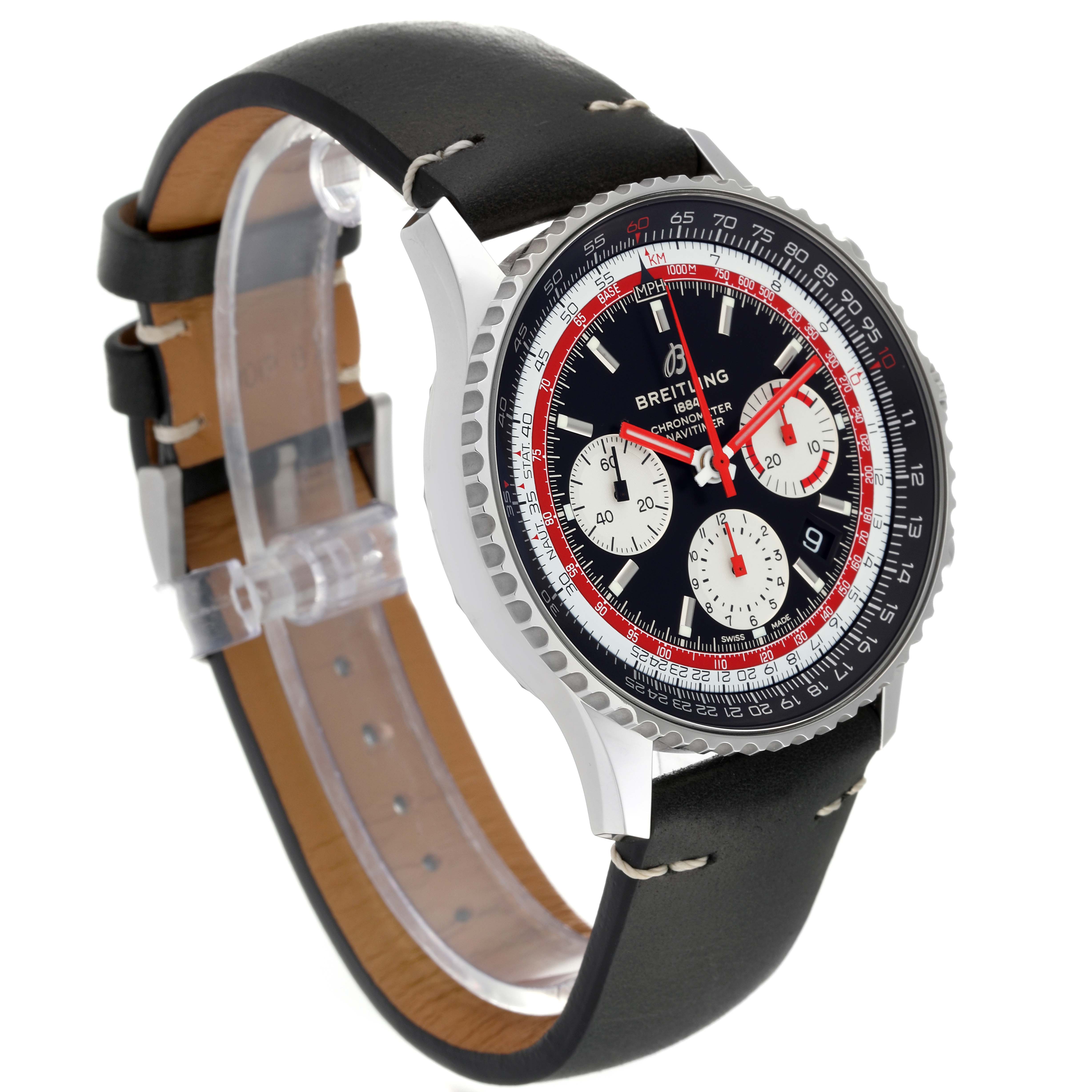 The image shows a side angle of a Breitling Navitimer AB0121 Men's Stainless Steel Black Dial AB0121 Men's Stainless Steel Black Dial watch, featuring its face, bezel, and leather strap.