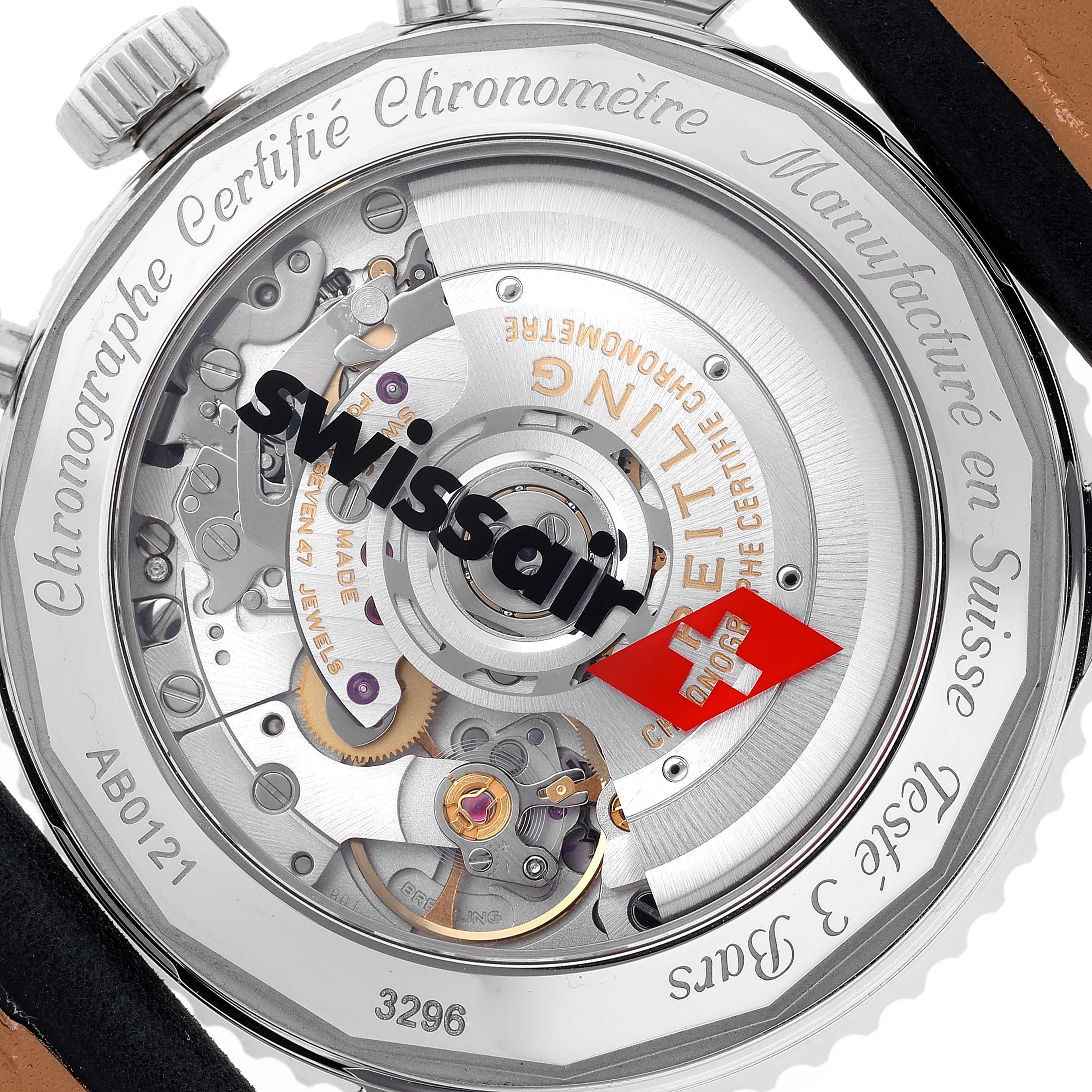This image shows the back view of the Breitling Navitimer AB0121 Men's Stainless Steel Black Dial AB0121 Men's Stainless Steel Black Dial Swissair edition, revealing its intricate mechanical movement.