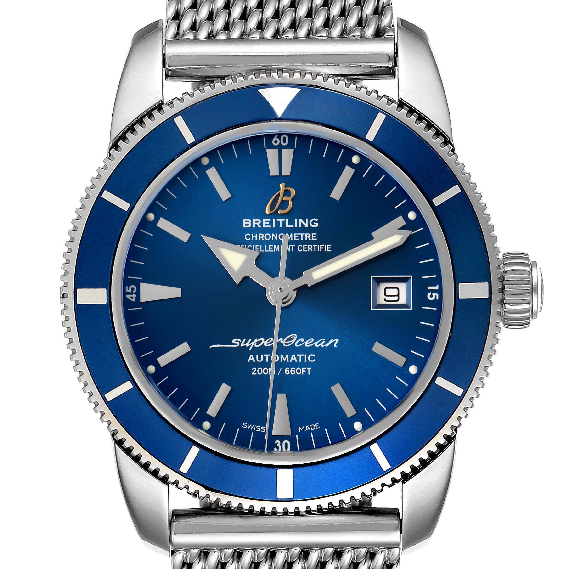 This image shows a frontal view of the Breitling Superocean A17321 Men
s Stainless Steel Blue Dial A17321 Men
s Stainless Steel Blue Dial watch, highlighting the blue dial, bezel, and mesh bracelet.