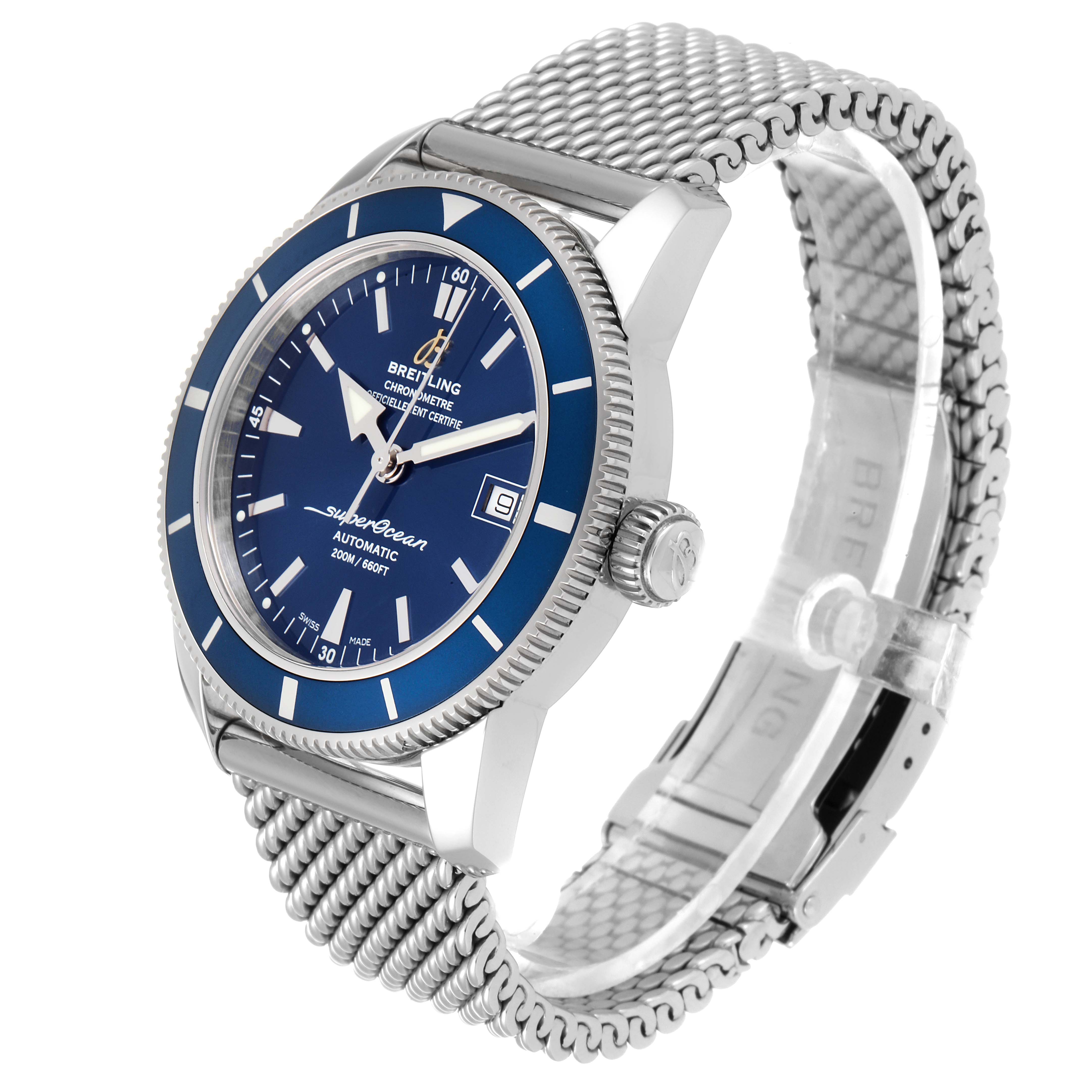 The Breitling Superocean A17321 Men
s Stainless Steel Blue Dial A17321 Men
s Stainless Steel Blue Dial watch is shown at a three-quarter angle, displaying the blue dial, date window, bezel, and mesh bracelet.