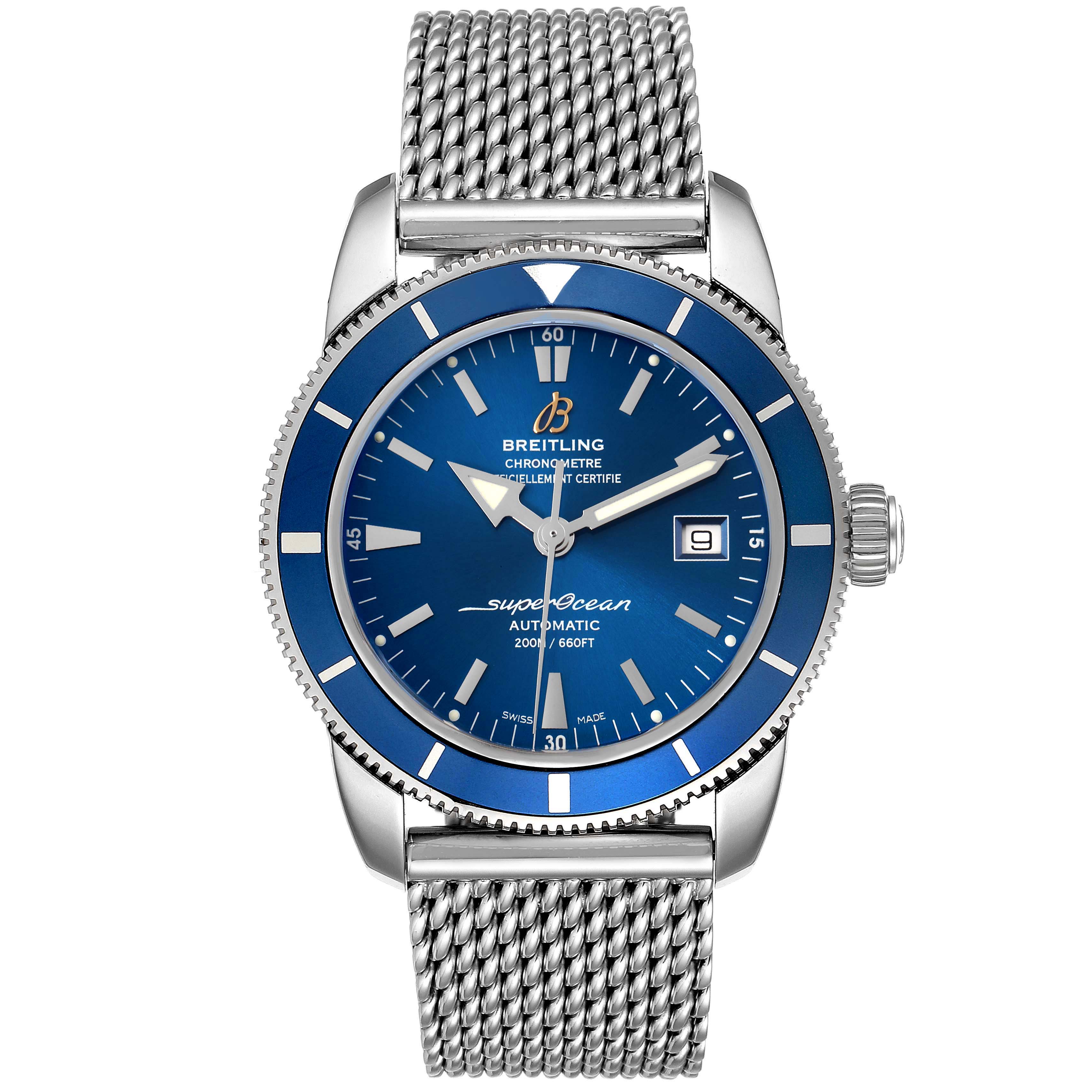The image shows a front view of a Breitling Superocean A17321 Men
s Stainless Steel Blue Dial A17321 Men
s Stainless Steel Blue Dial watch with a mesh bracelet and blue dial.