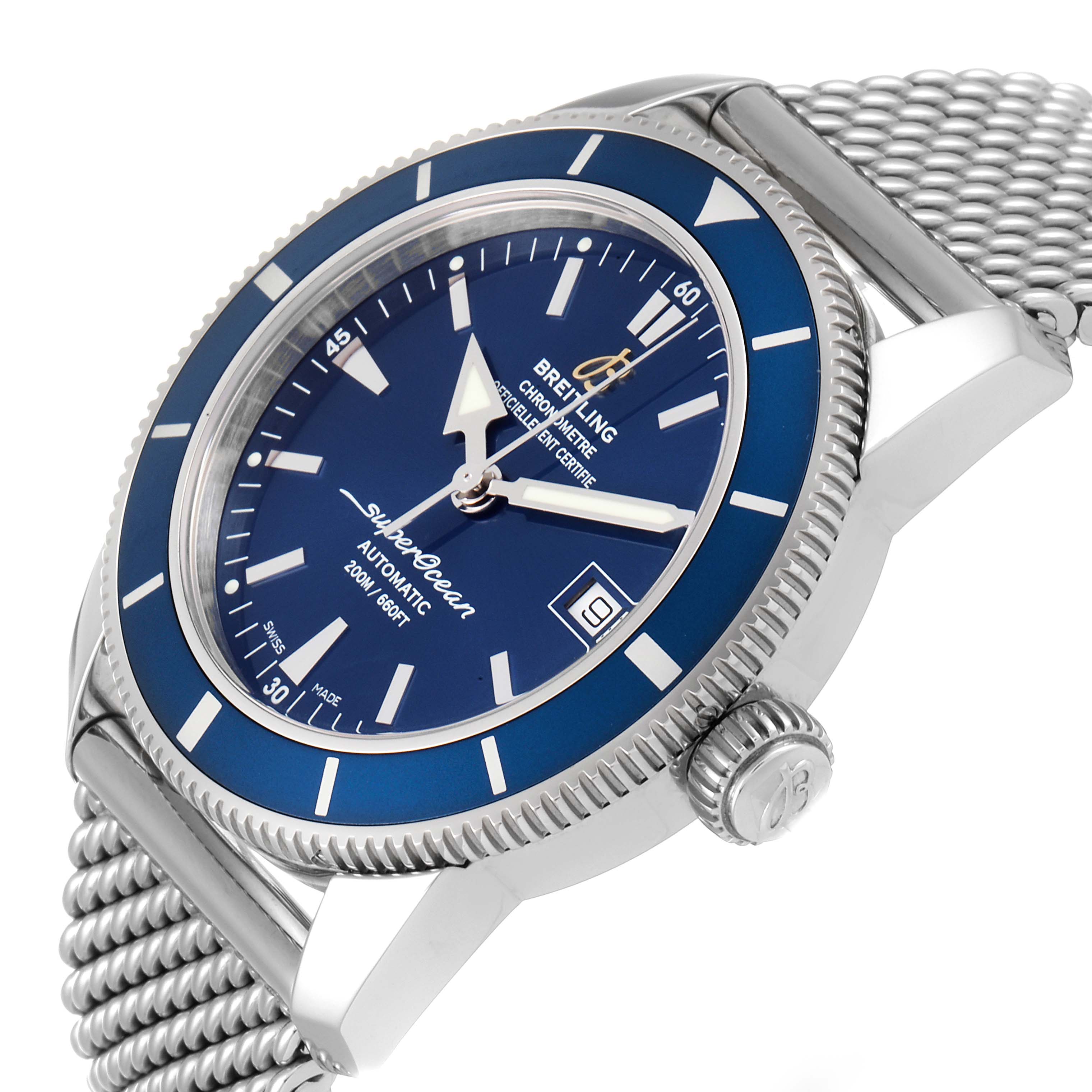 The image shows a close-up view of the watch face, bezel, case, and part of the metal mesh strap of the Breitling Superocean A17321 Men
s Stainless Steel Blue Dial A17321 Men
s Stainless Steel Blue Dial.