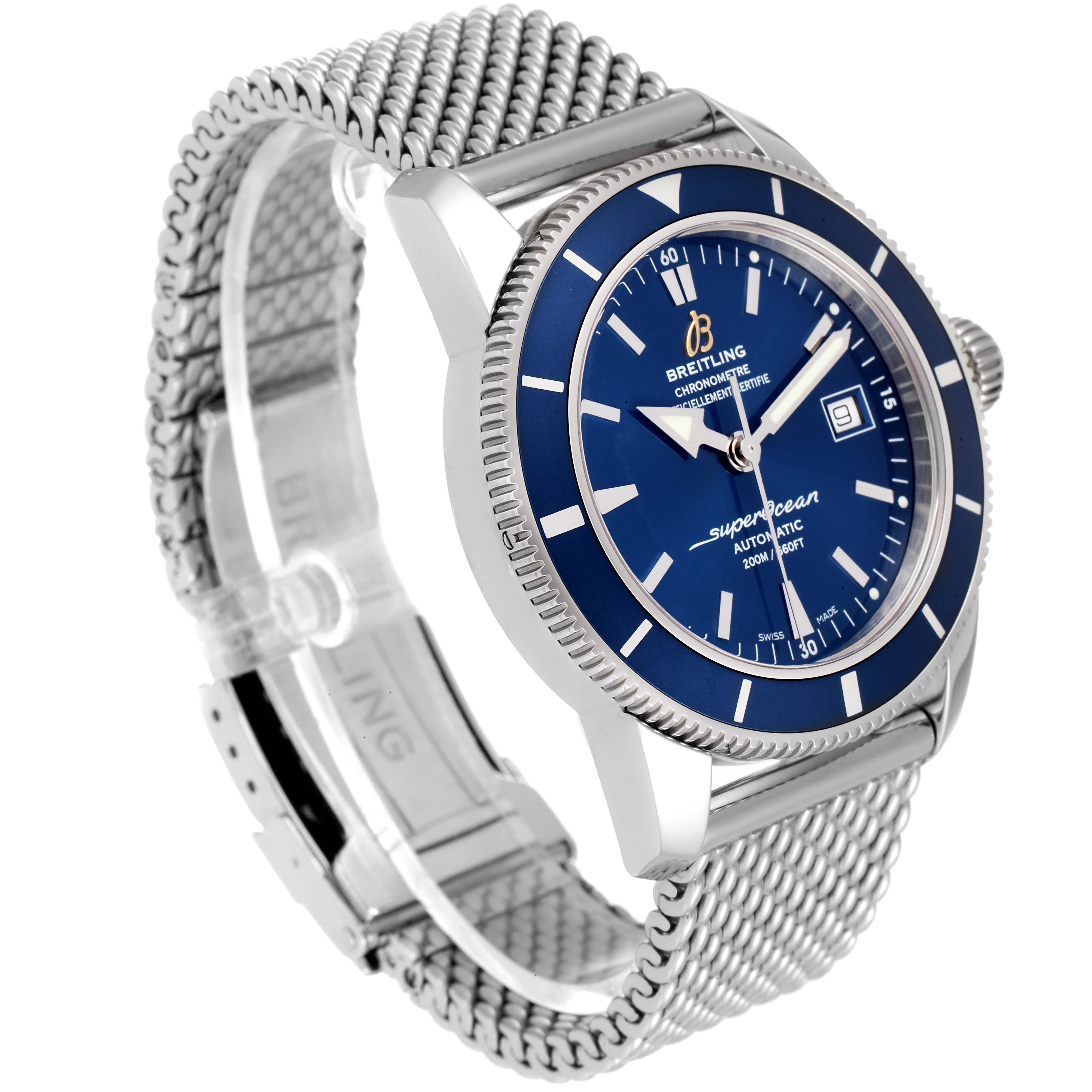 The image shows a side view of a Breitling Superocean A17321 Men
s Stainless Steel Blue Dial A17321 Men
s Stainless Steel Blue Dial watch highlighting the blue dial, stainless steel case, and mesh bracelet.